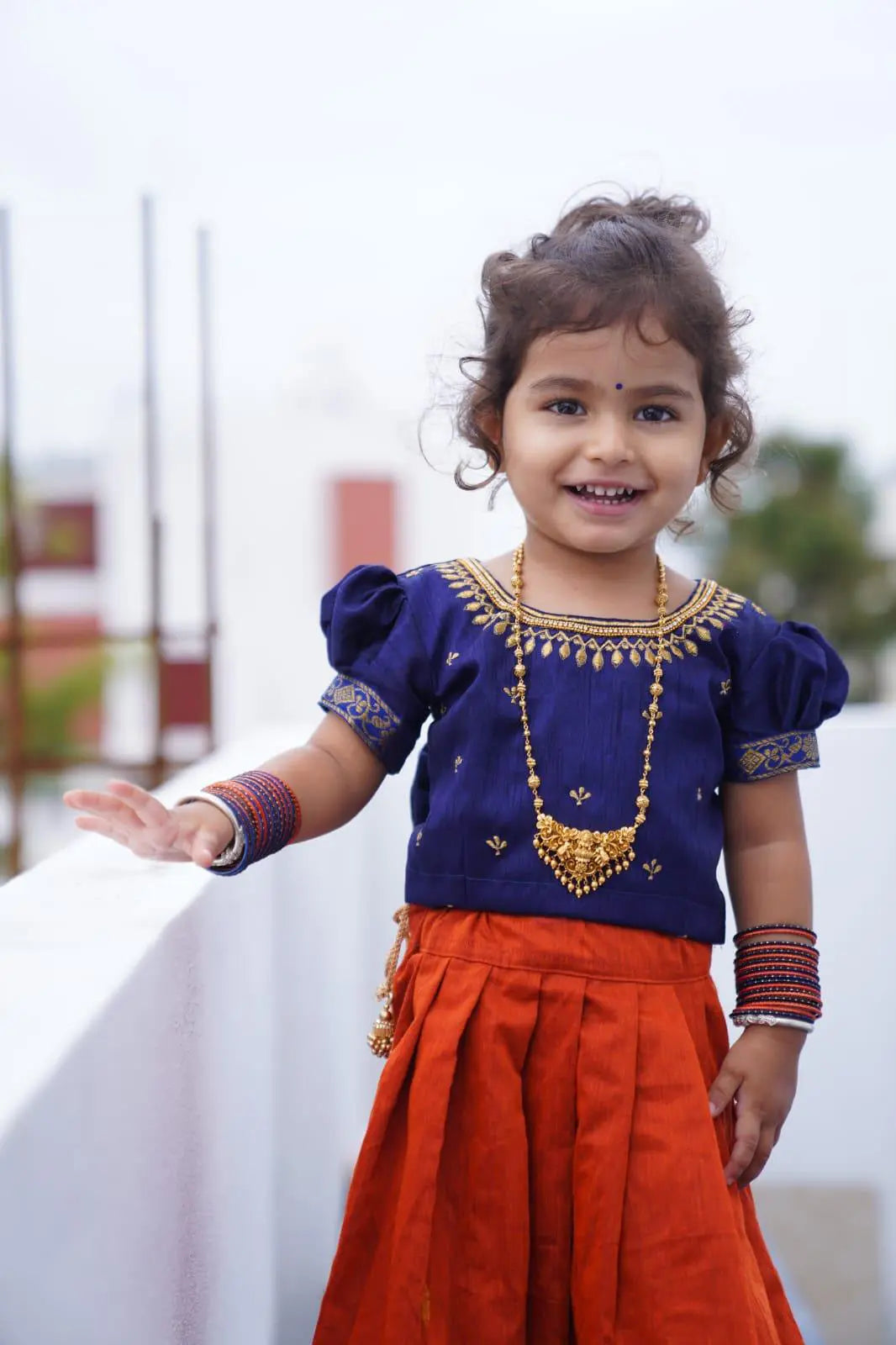 Blue & Rusty Orange Silk Langa Blouse for Baby Girl – South Indian Ethnic Wear