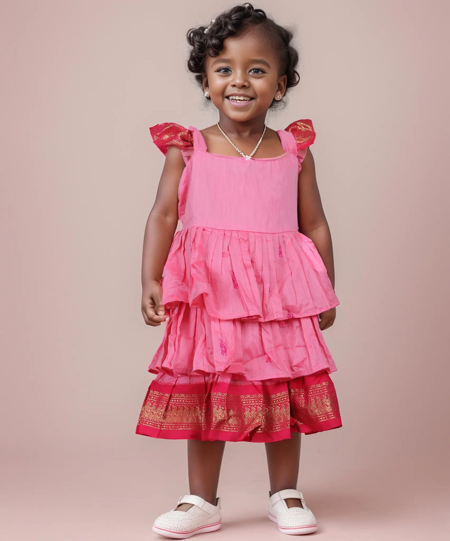 Baby pink with festive pink - Cotton Silk 3 Layered South Indian Ethnic Frock for Baby Girl