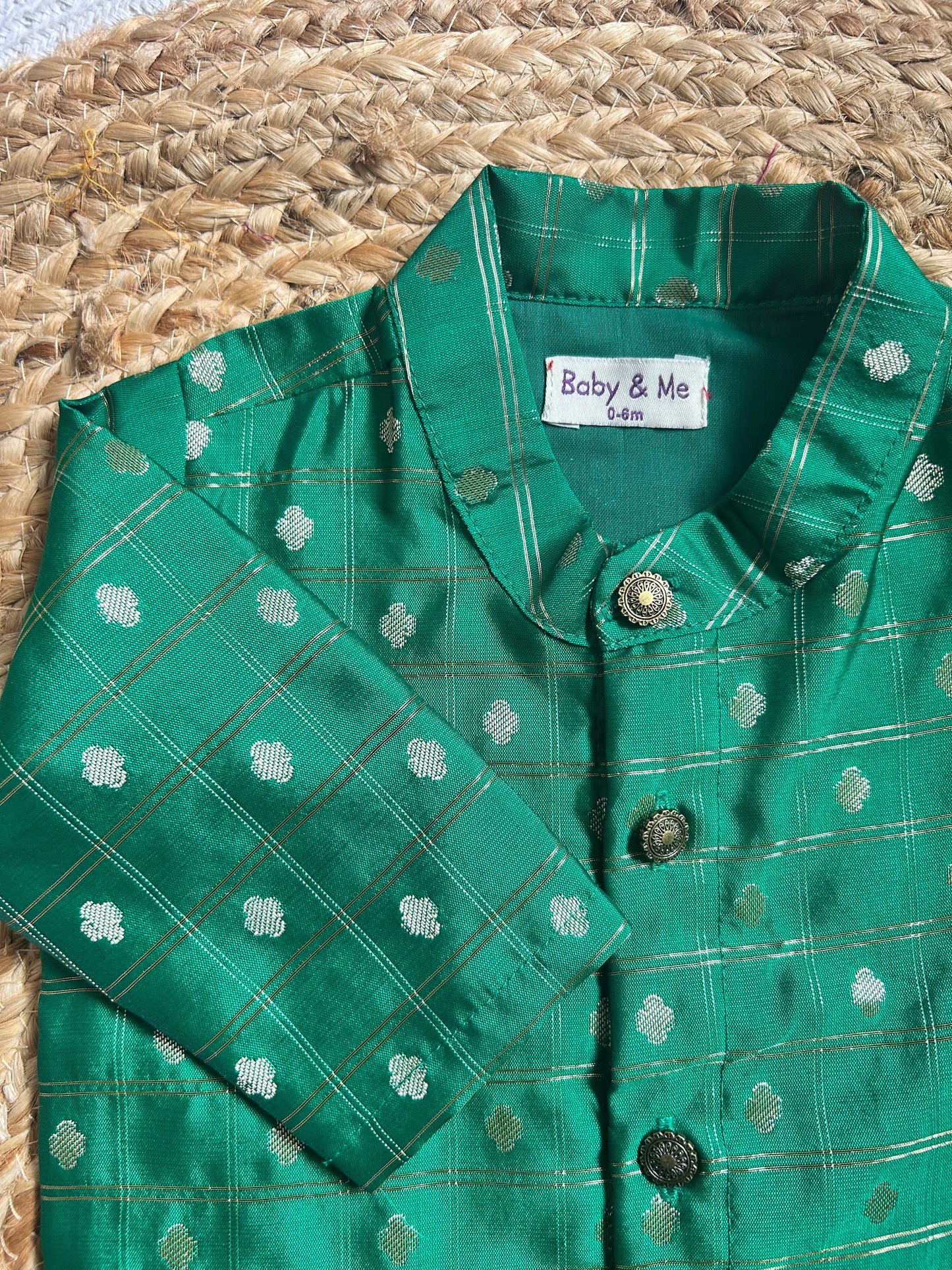Green with cream reshme chowka Kurta Dhoti for baby boy - Festive Collection