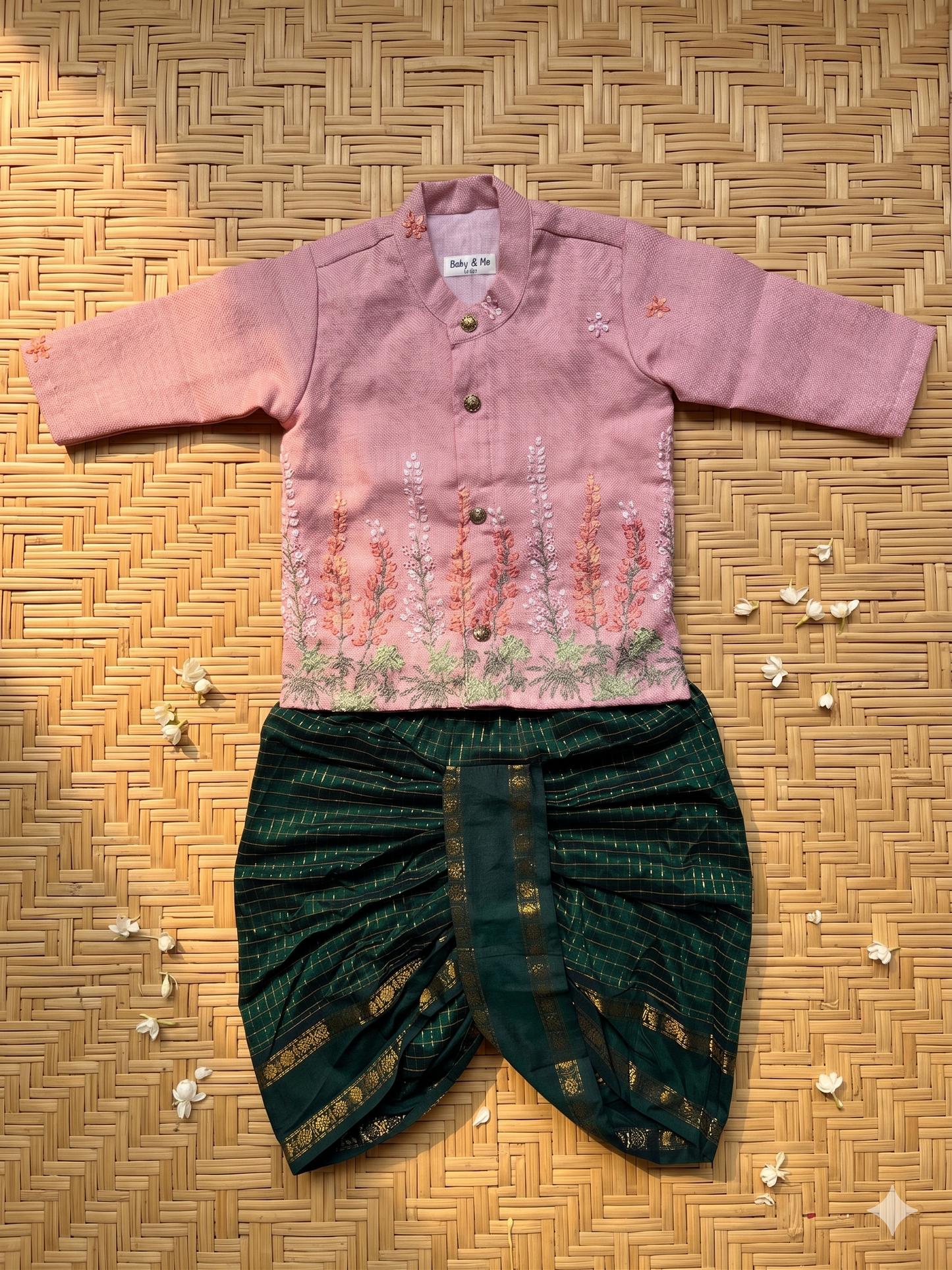 Pure Linen Dusty pink Kurta with Bottle green checked Dhoti for baby boy