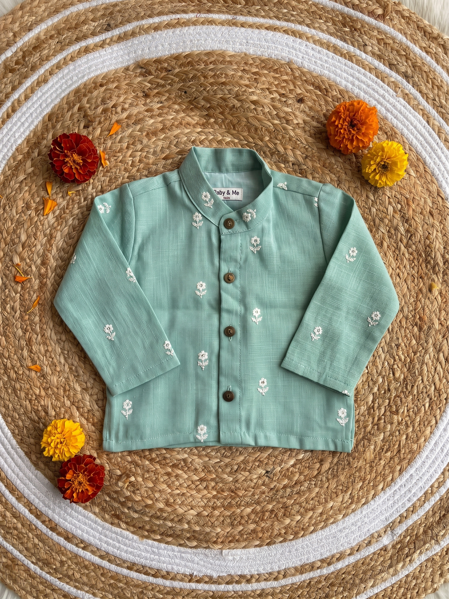 Light blue flower linen Kurta for baby boy ethnic top wear