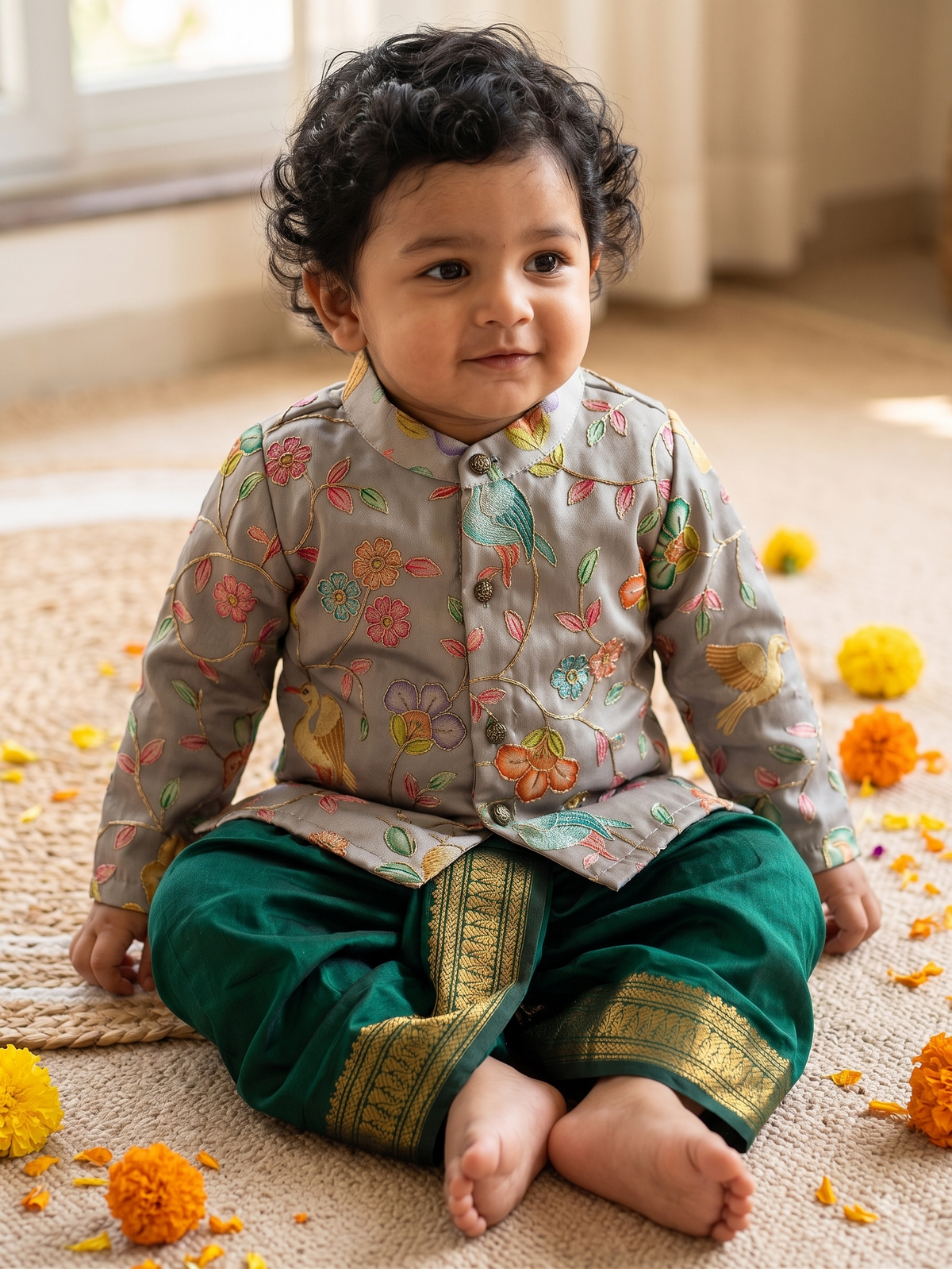Floral Embroidered kurta with green dhoti comfortable ethnic wear for baby boy