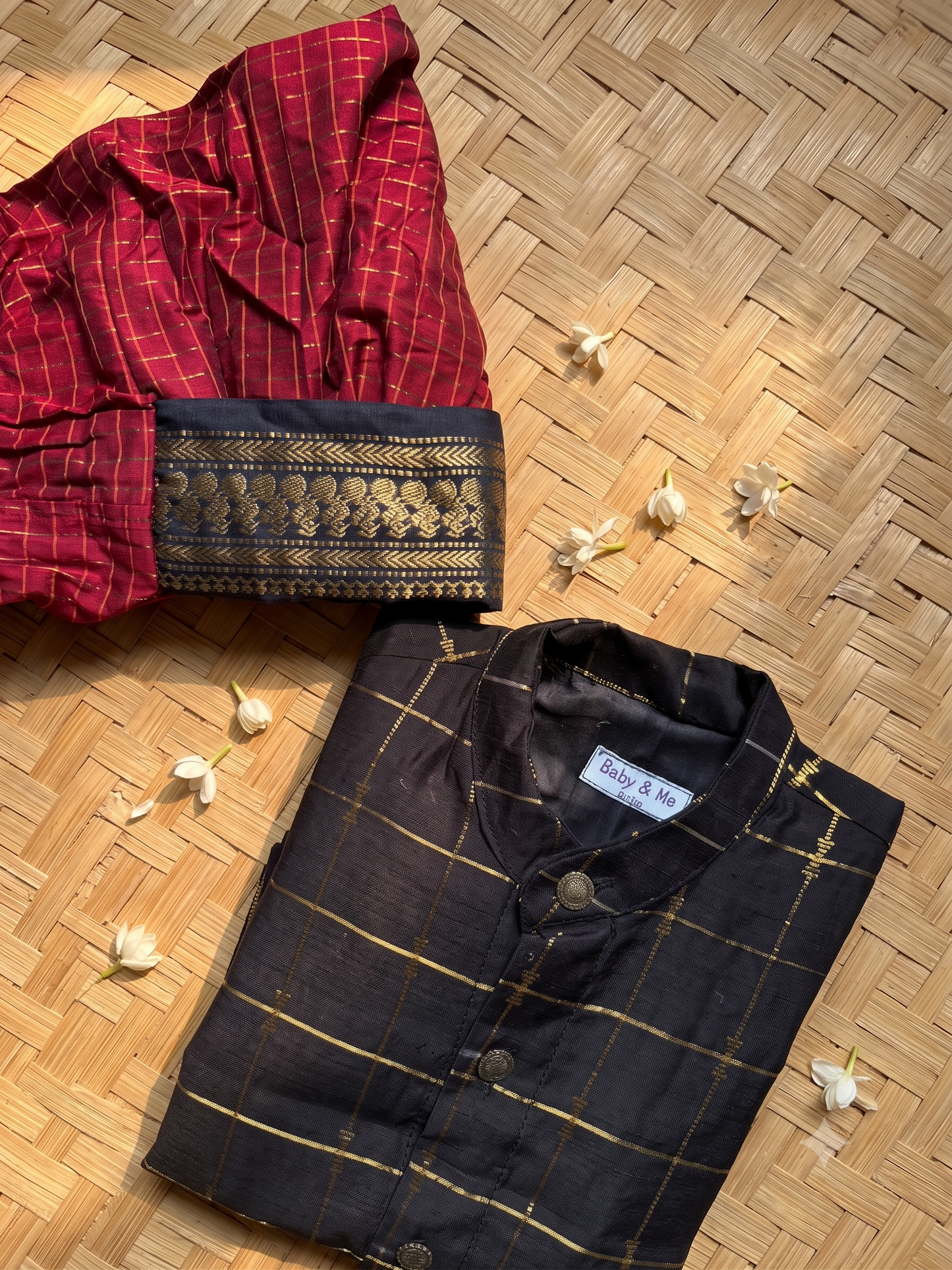 Black checks Kurta & Maroon With black border Dhoti with Zari Border kurta dhoti for baby boy
