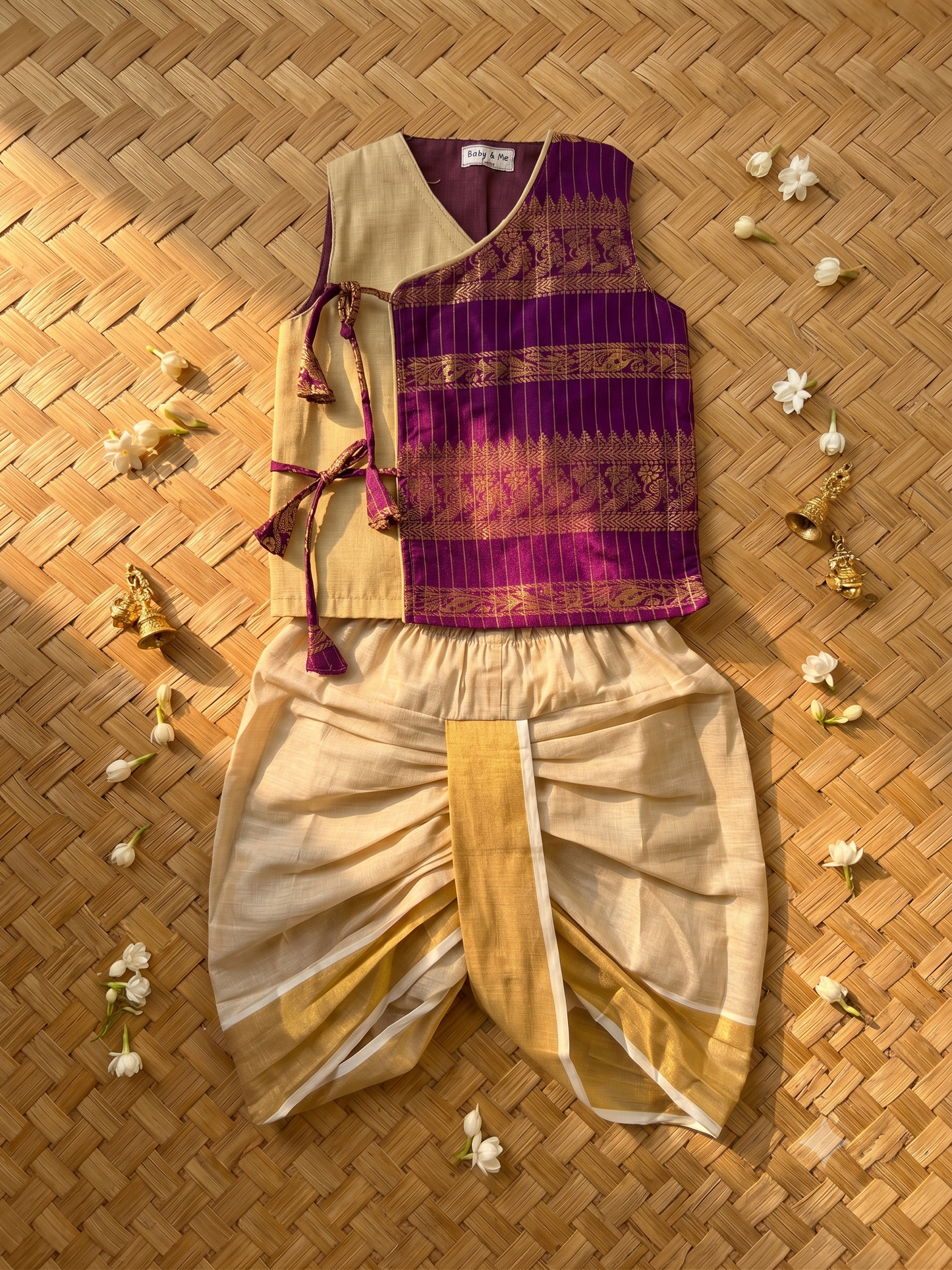Wine Angrakha Kurta and Gold Dhoti for Baby Boy – Sleeveless Ethnic Wear