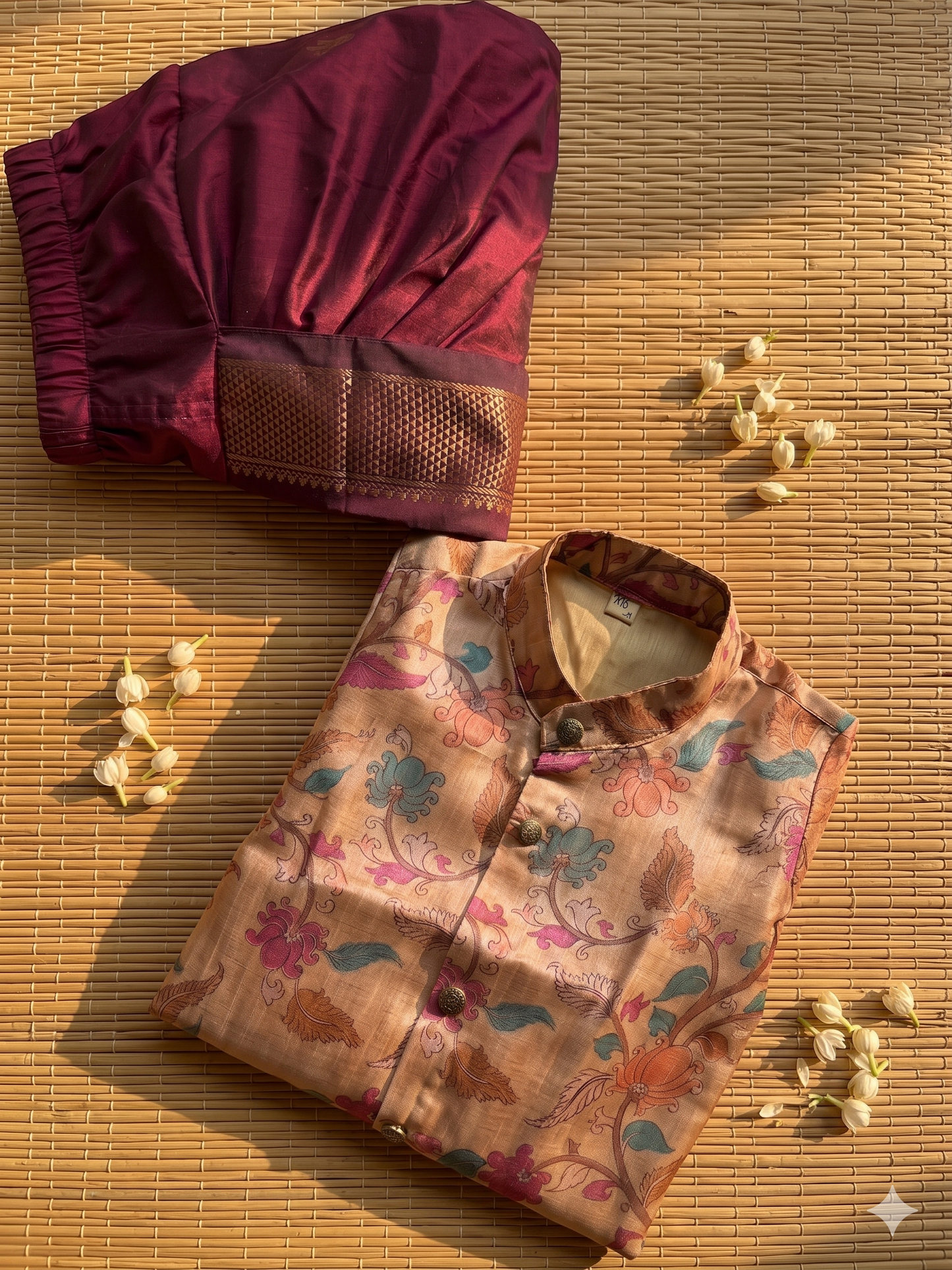 Traditional Indian Kalamkari Soft Beige Baby Boy Silk Kurta Maroon Dhoti Set