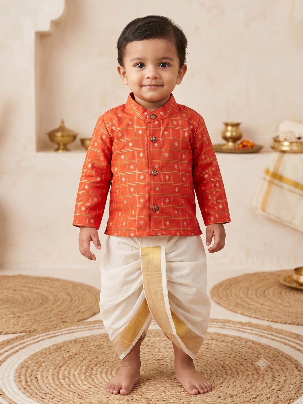 Reshme chowka orange with handloom cotton white with zari dhoti ethnic wear for baby boy