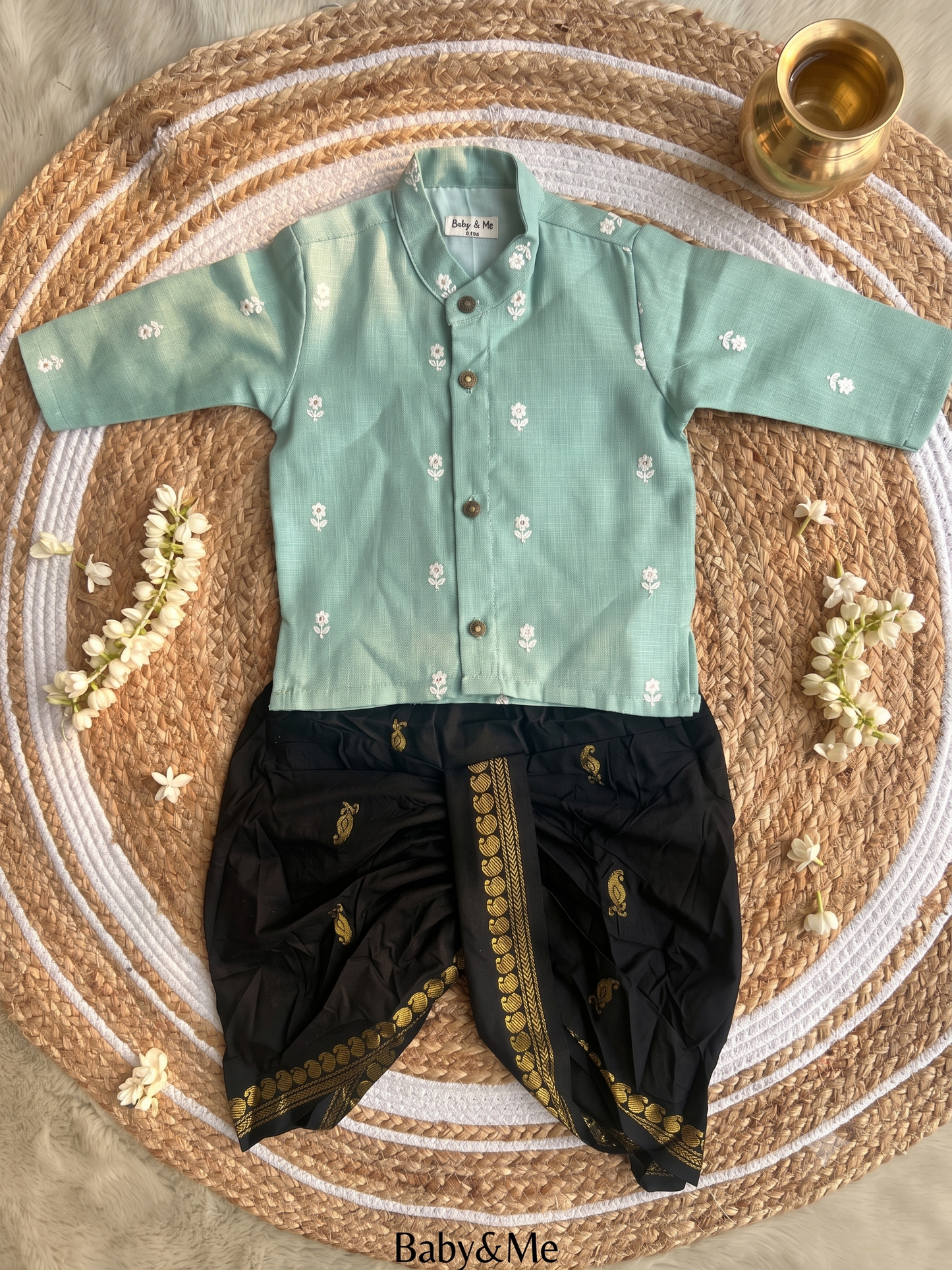 Pure Linen Sky blue and Black Kurta Dhoti for baby boy