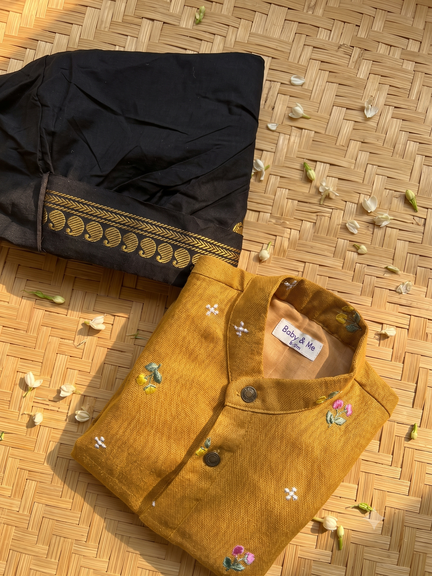 Pure Linen Mustard yellow with Black Kurta Dhoti Ethnic Wear for baby boy