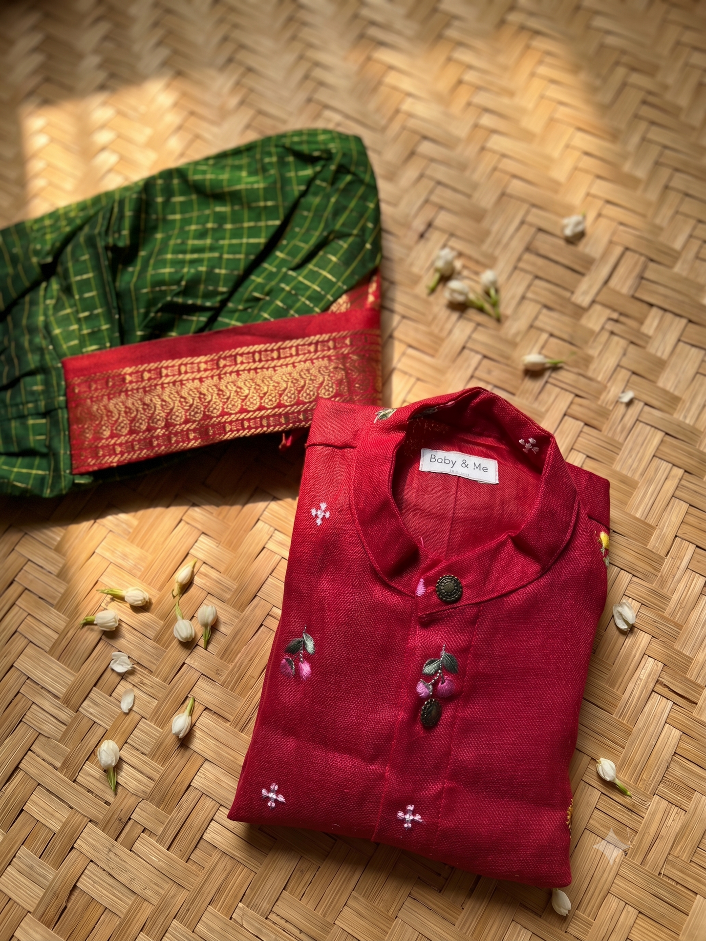 Pure Linen Red Kurta with Bottle green with red border Dhoti for baby boy