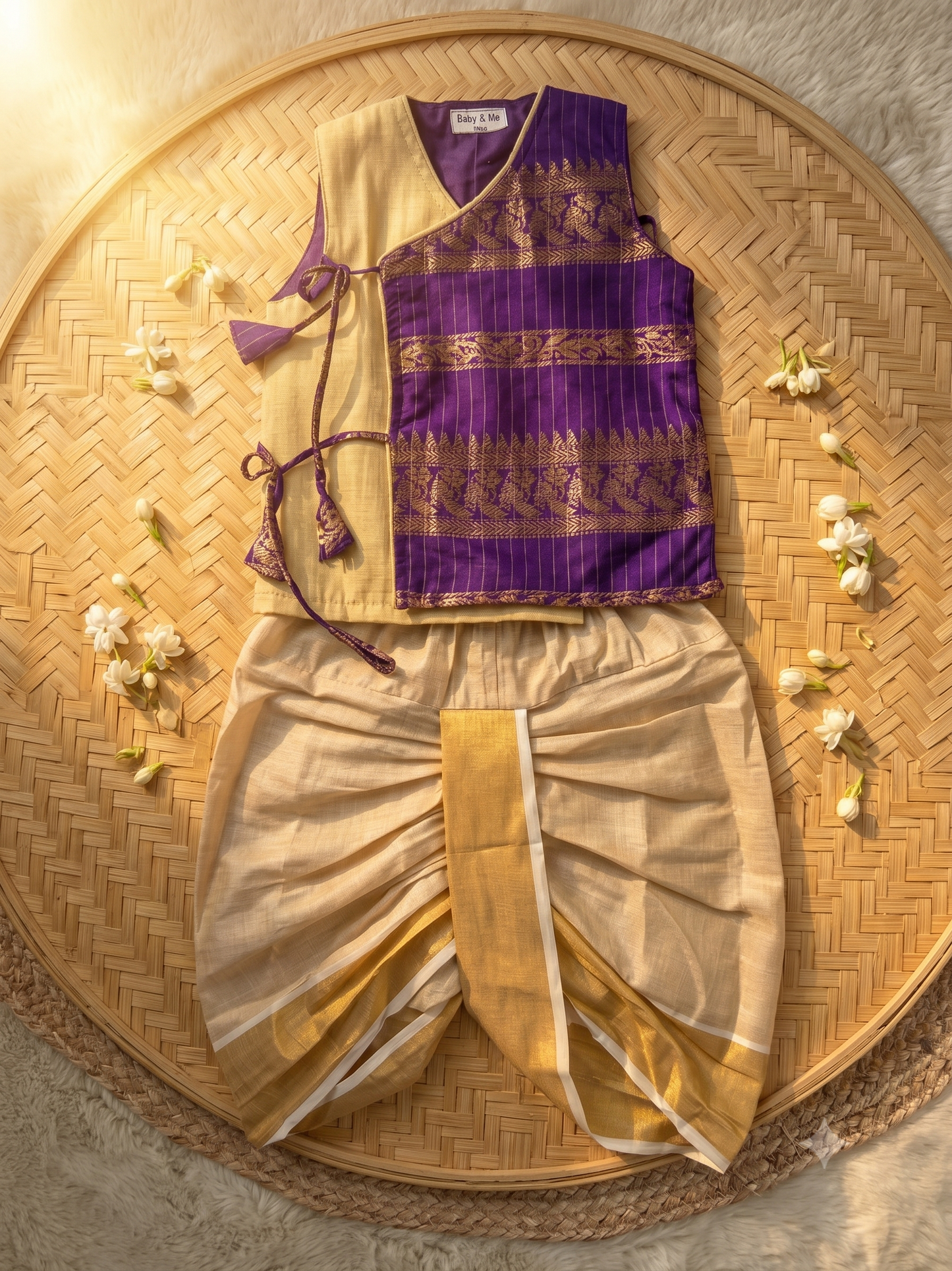 Purple Angrakha Kurta and Gold Dhoti for Baby Boy – Sleeveless Ethnic Wear
