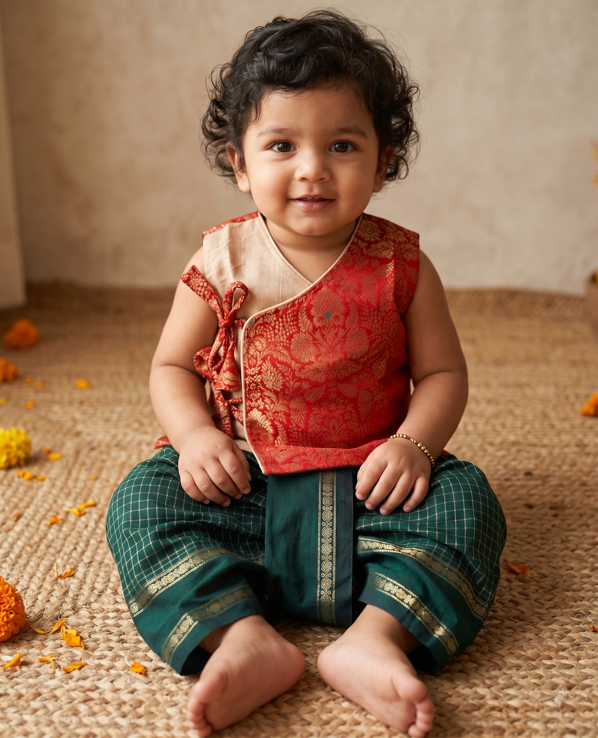 Red Banarasi angrakha with gold tissue dhoti comfortable ethnic wear for baby boy
