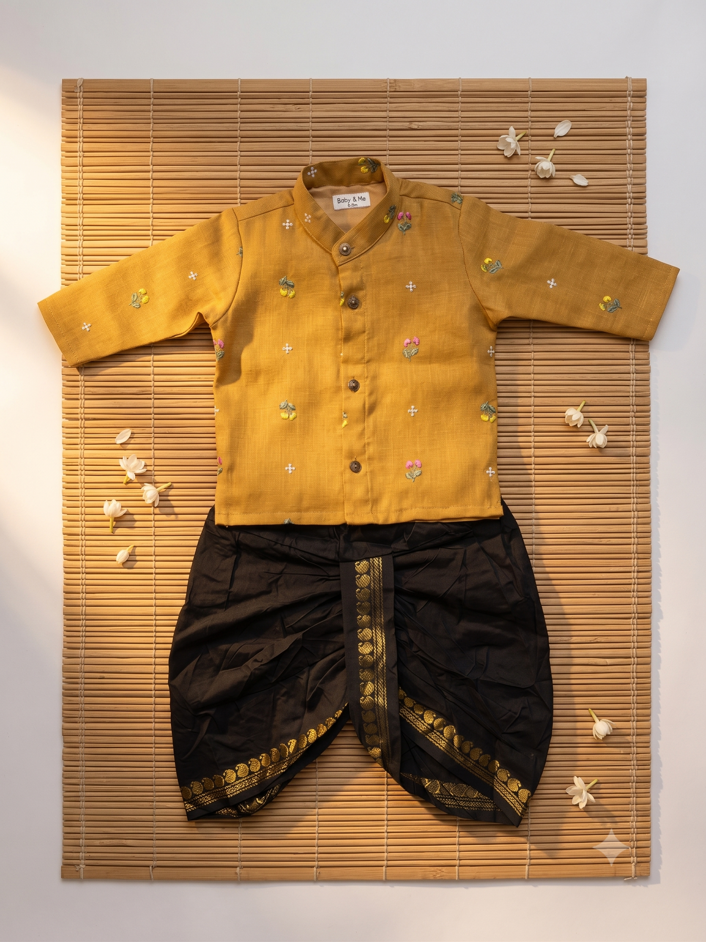 Pure Linen Mustard yellow with Black Kurta Dhoti Ethnic Wear for baby boy