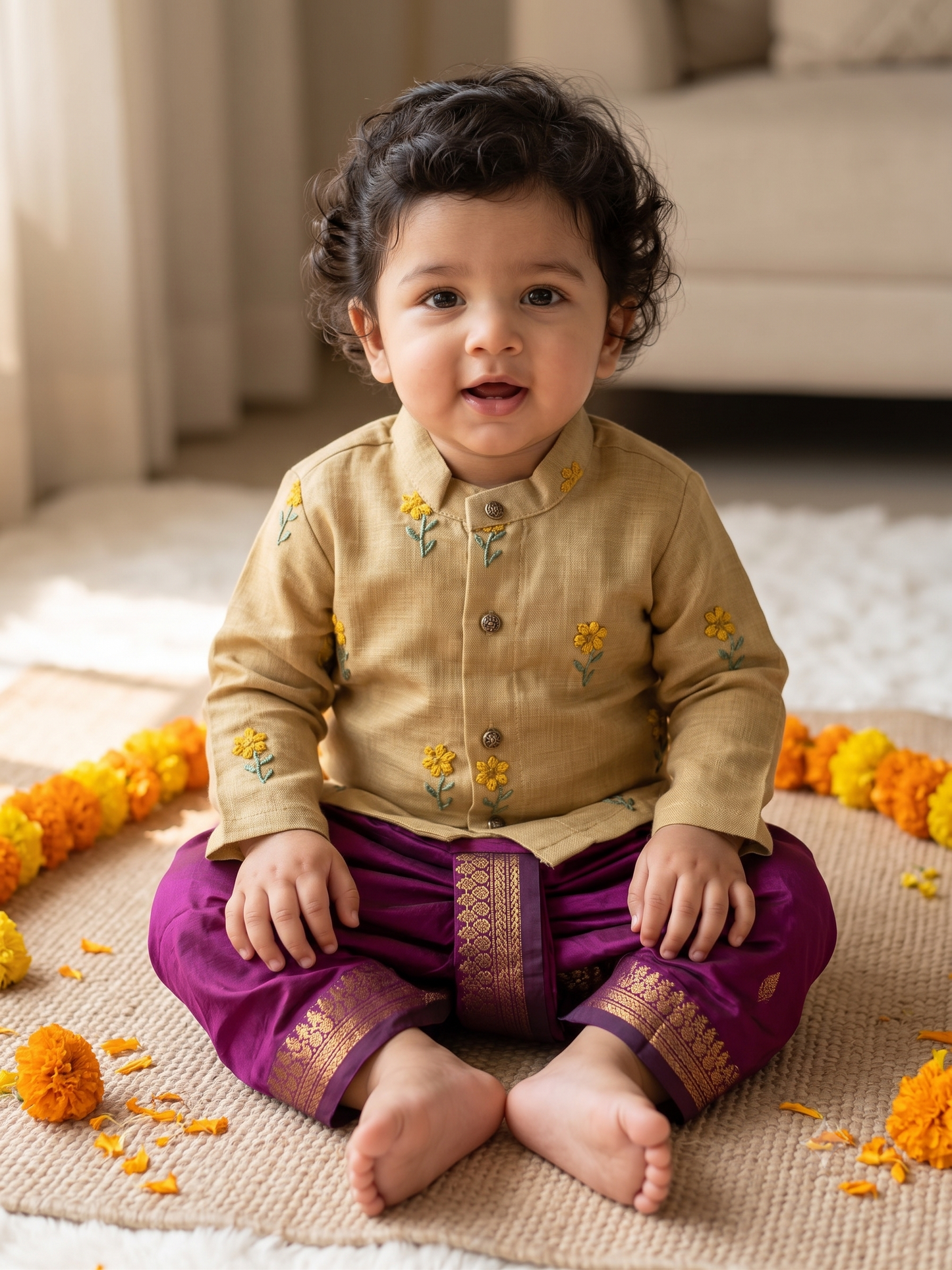 Pure Linen Pastel yellow with Wine Kurta Dhoti Ethnic Wear for baby boy