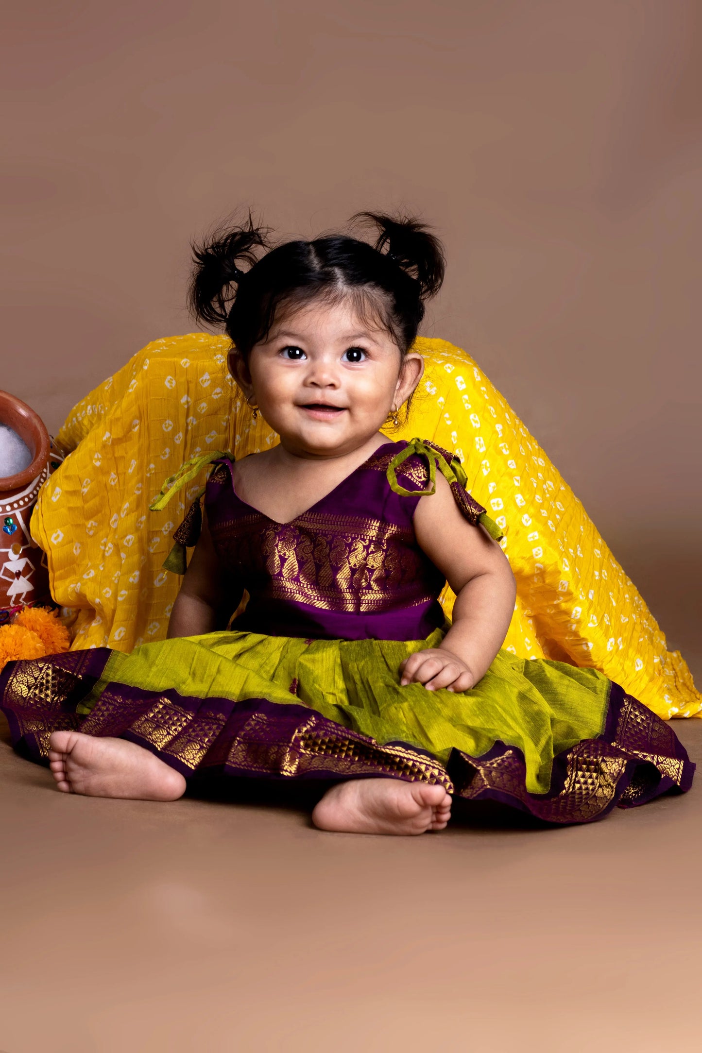 Green and wine - tie up frock & saree mom and daughter combo set