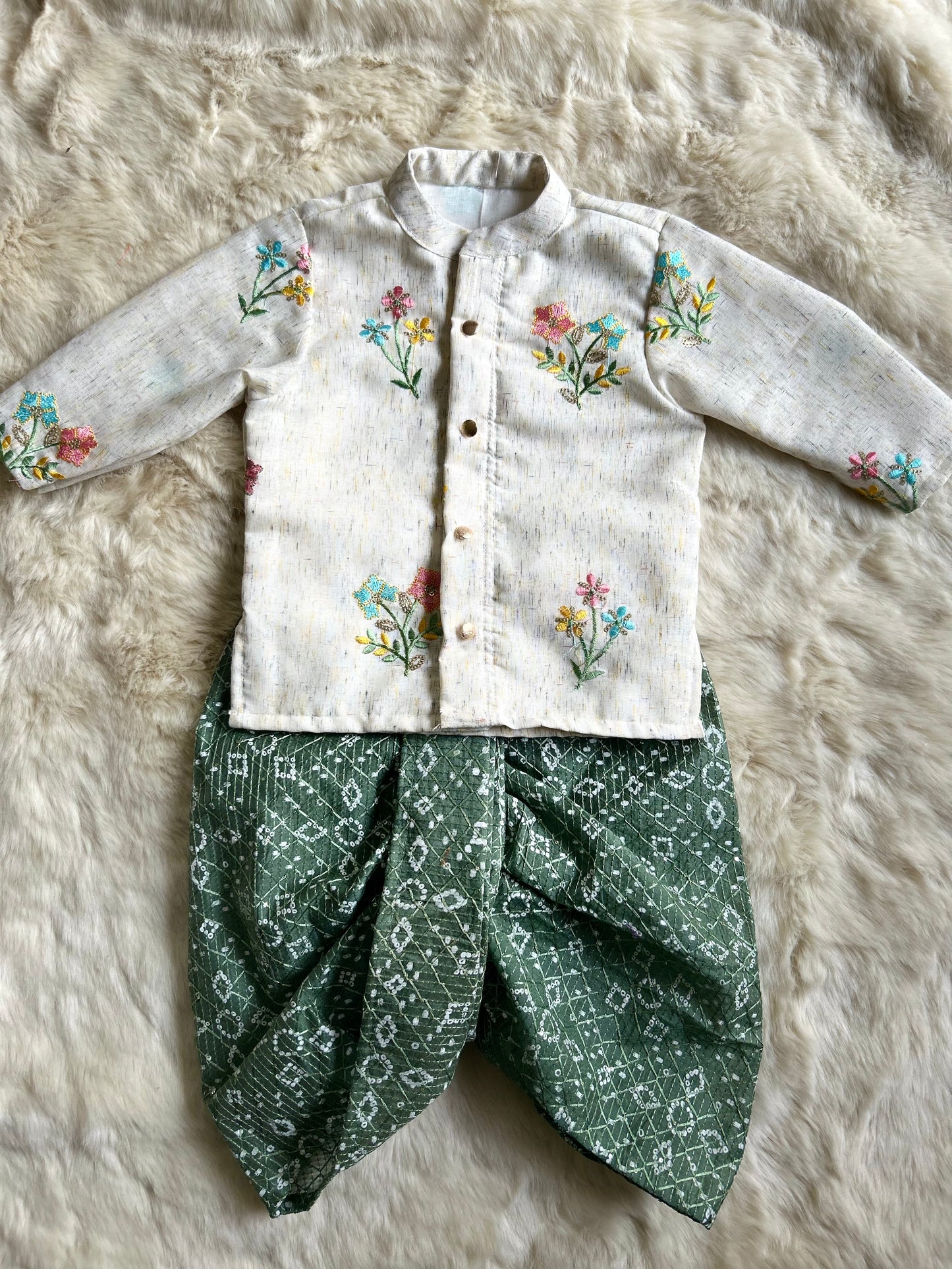Pure cotton floral embroidery kurta and green dhoti for baby boy ethnic wear