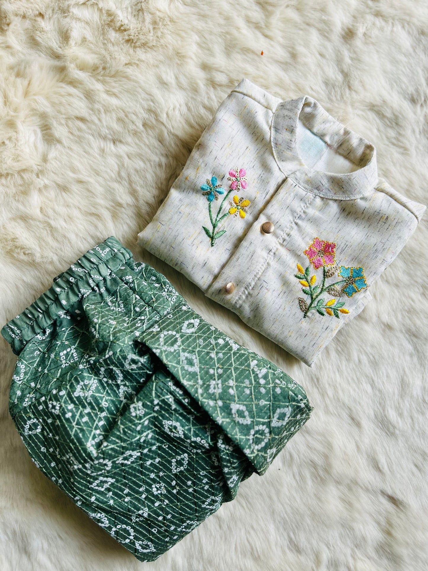 Pure cotton floral embroidery kurta and green dhoti for baby boy ethnic wear