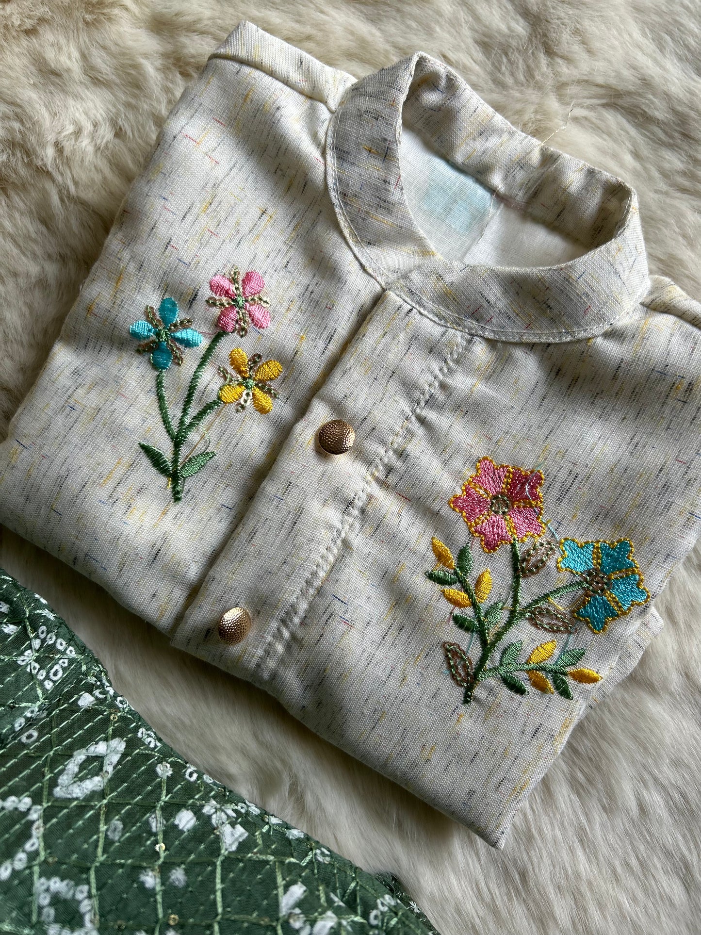 Pure cotton floral embroidery kurta and green dhoti for baby boy ethnic wear