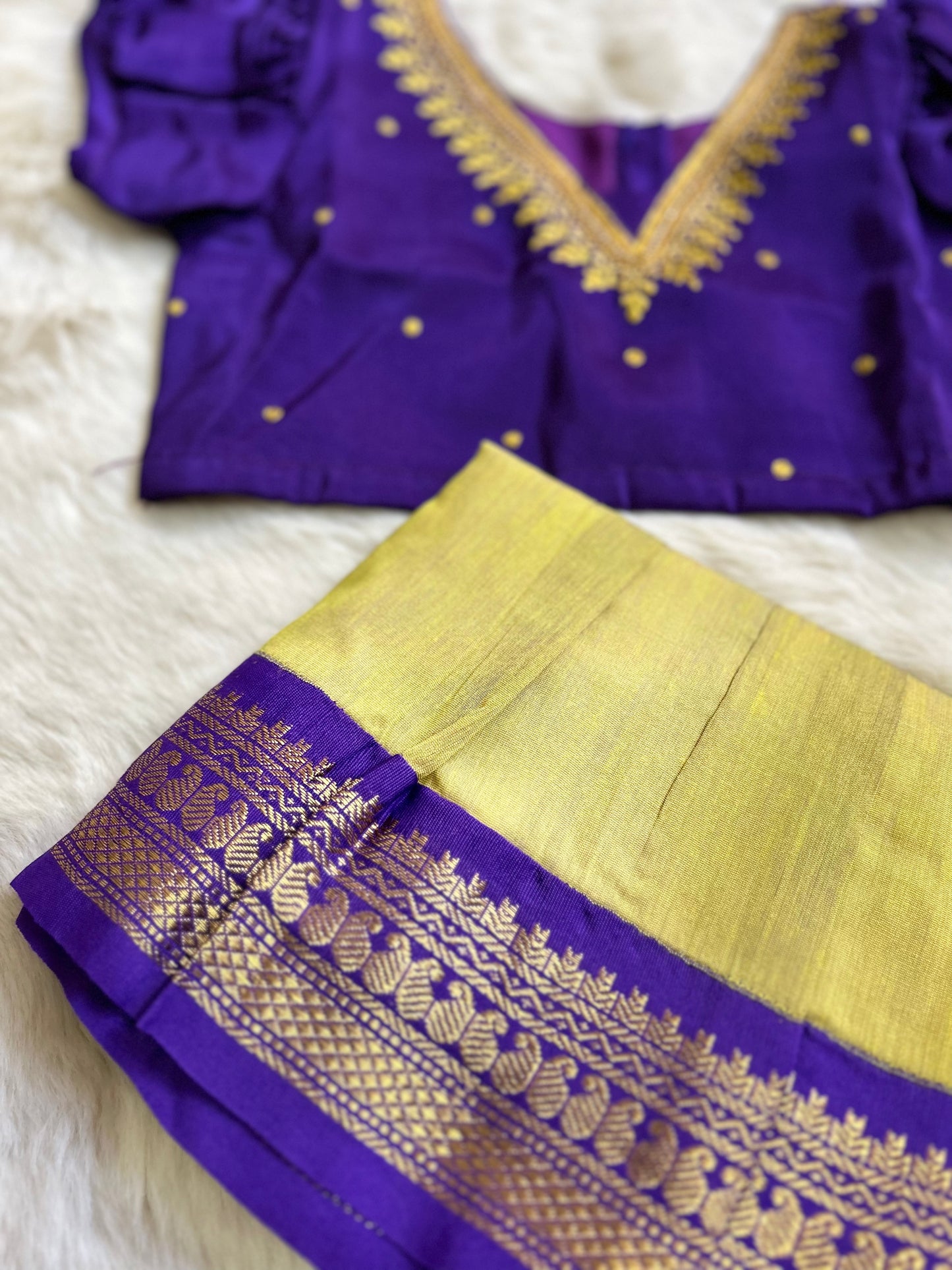 Embroidered purple blouse with lemon yellow silk langa for baby girl