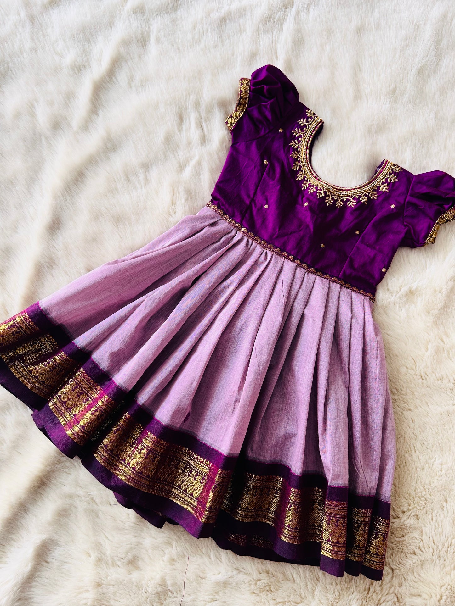 Wine and lavendar - Gown and cotton silk saree mom and daughter combo set