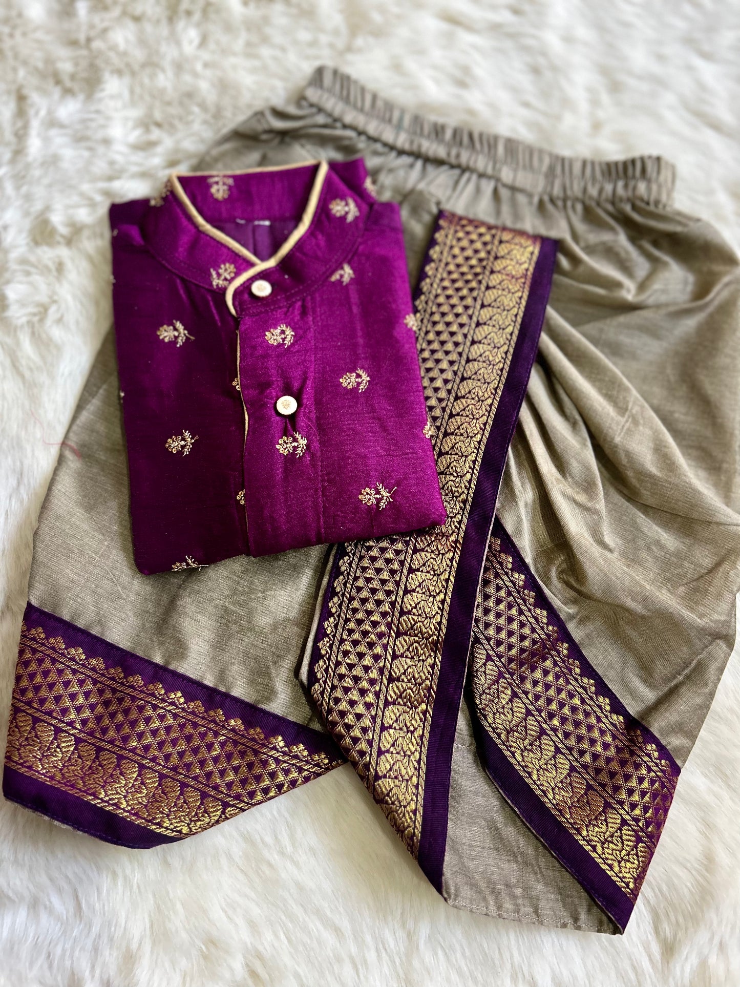 Grey and wine embroidered kurta dhoti ethnic dress for baby boy