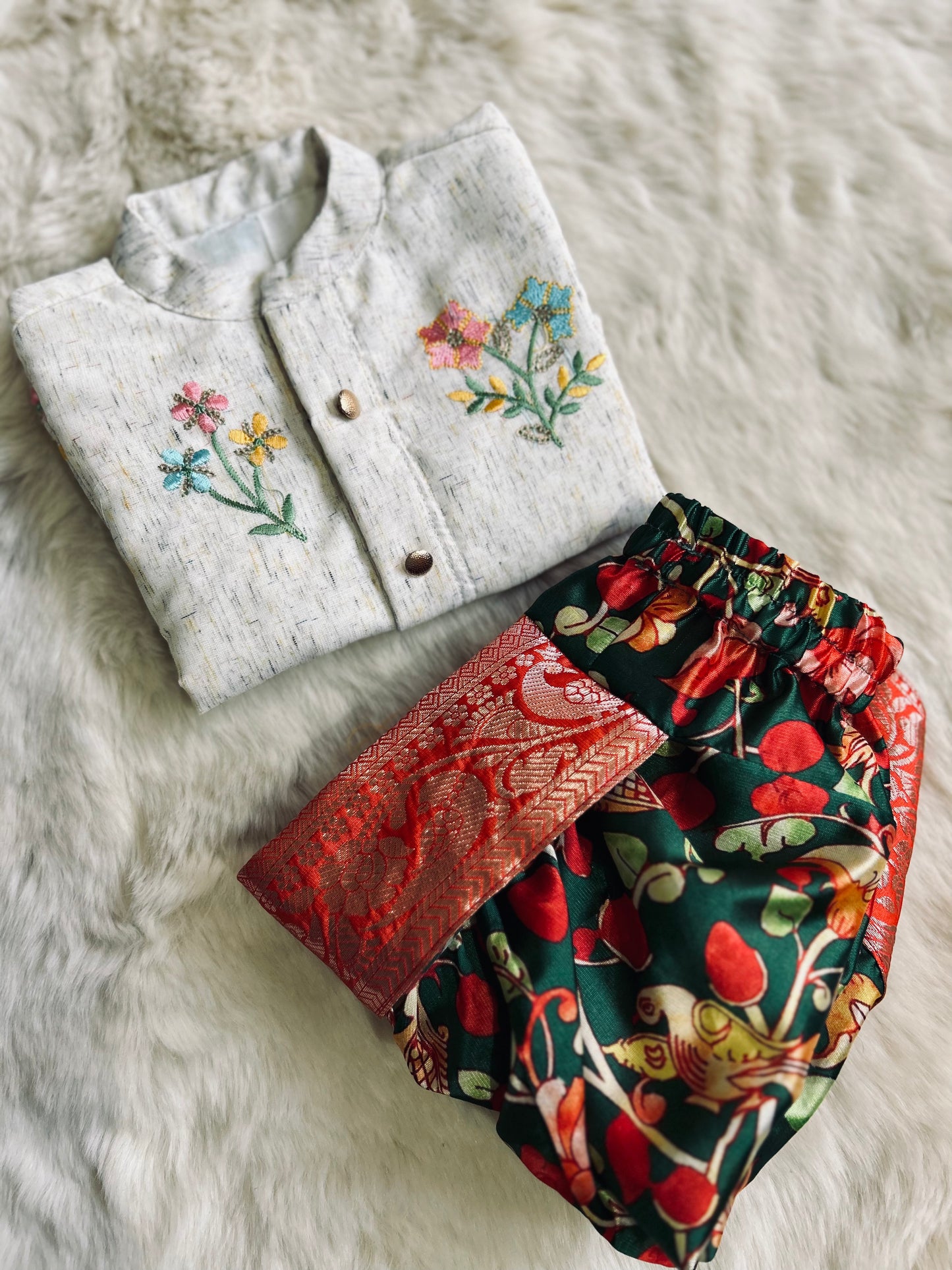 Floral Embroidered Kurta with kalamkari dhoti designer ethnic wear for baby boy