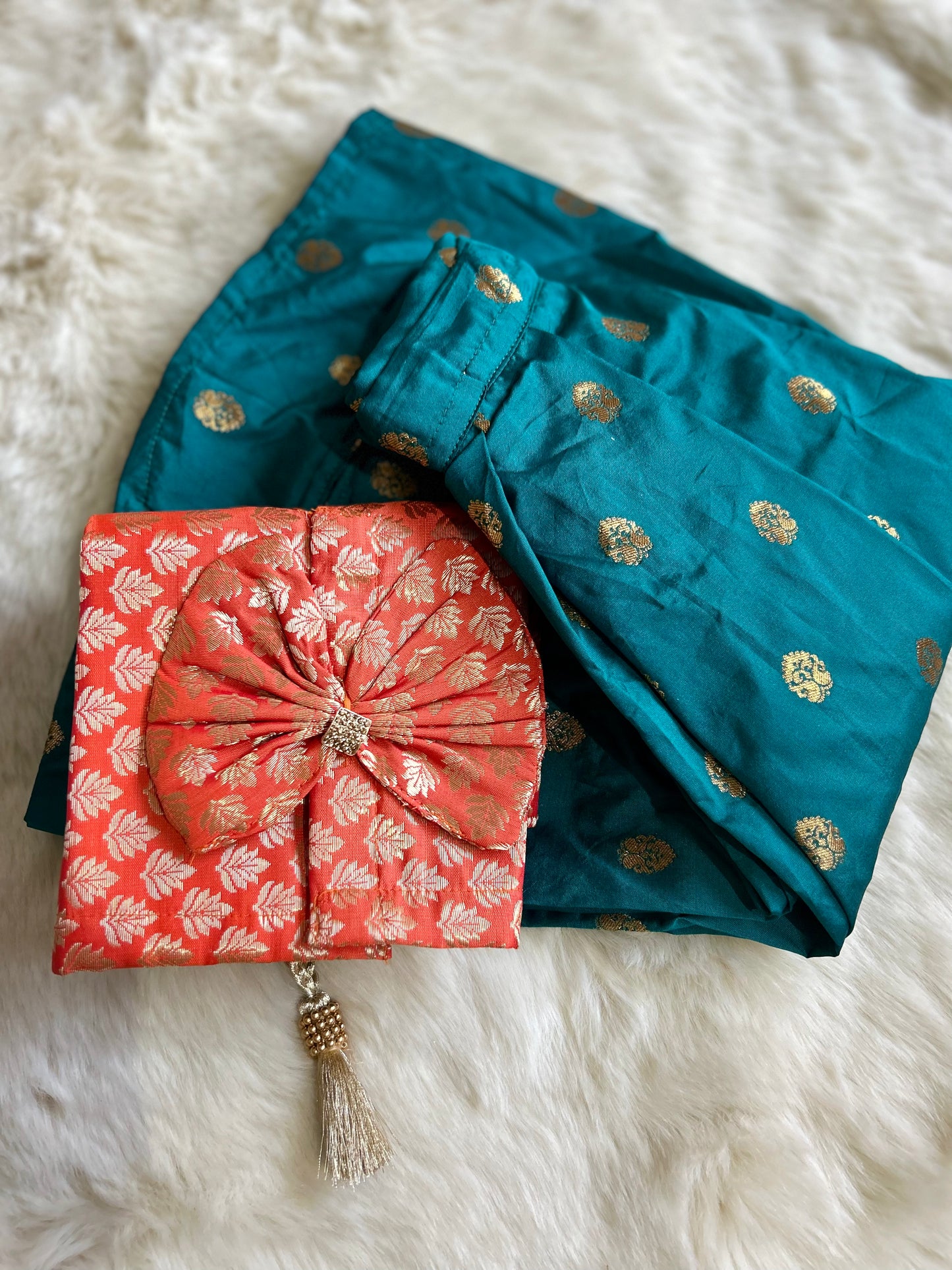 Orange and sea blue dual tone premium silk designer bow langa blouse for baby girl