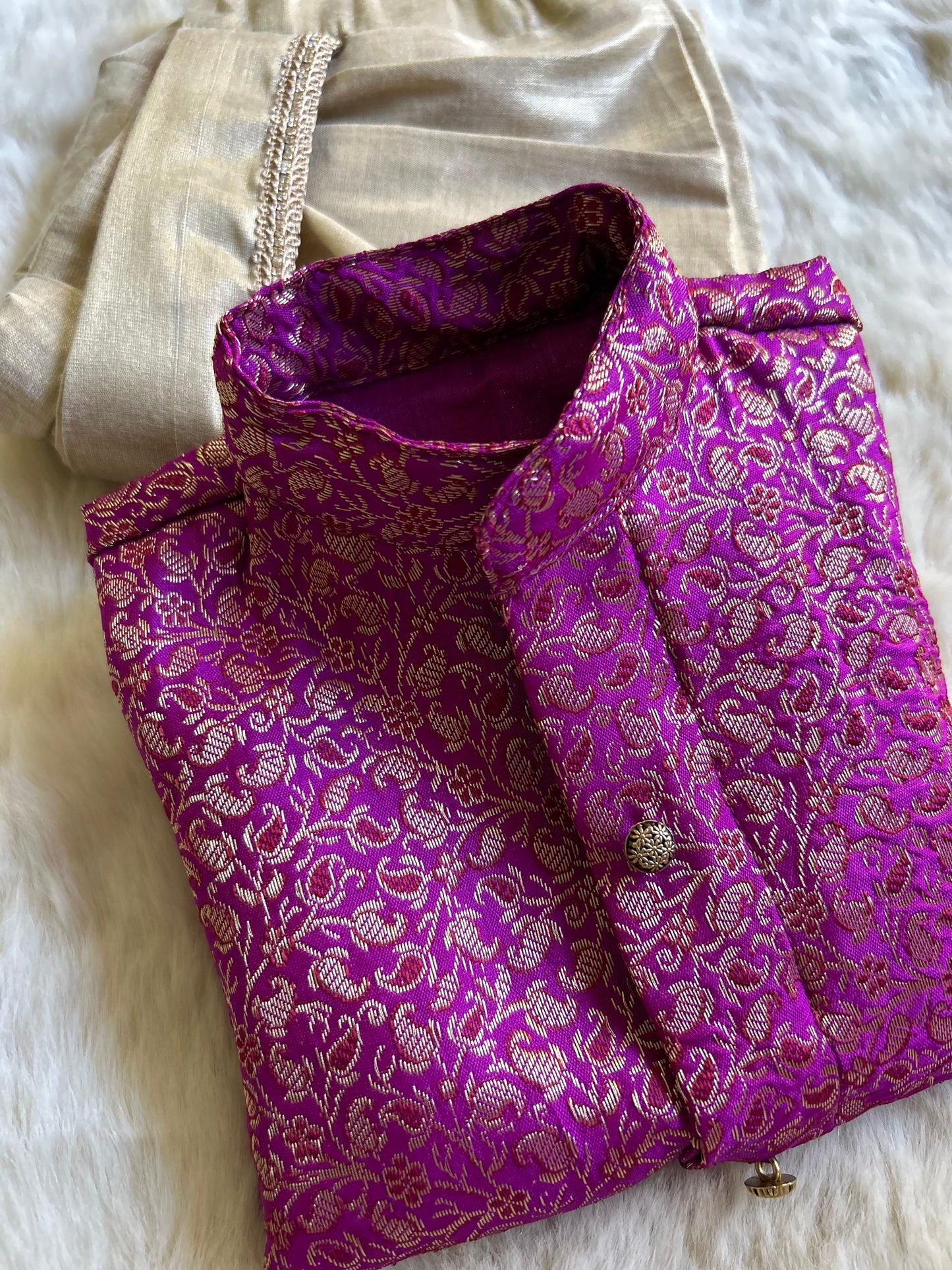 Pinkish purple and gold kurta dhoti pure silk set ethnic wear for baby boy