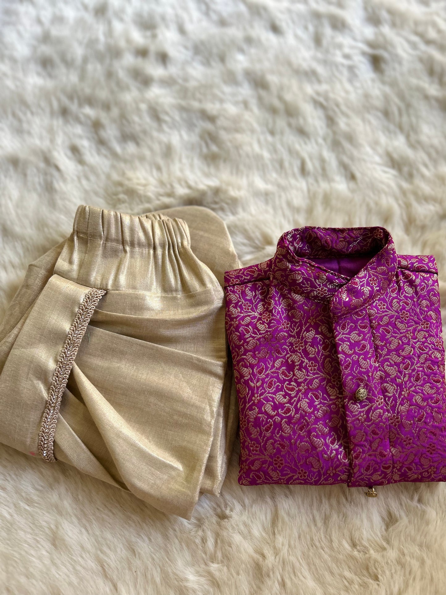 Pinkish purple and gold kurta dhoti pure silk set ethnic wear for baby boy
