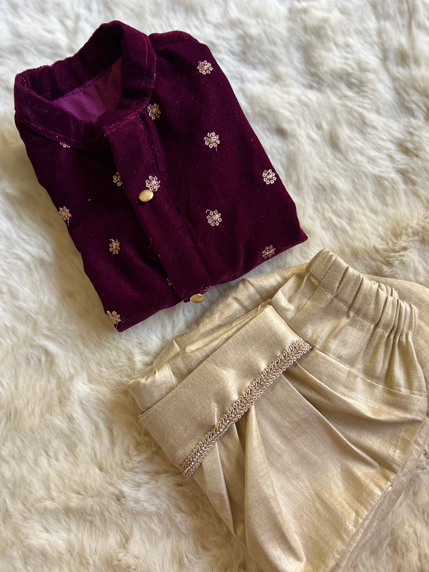 Velvet wine kurta and gold dhoti ethnic wear for baby boy