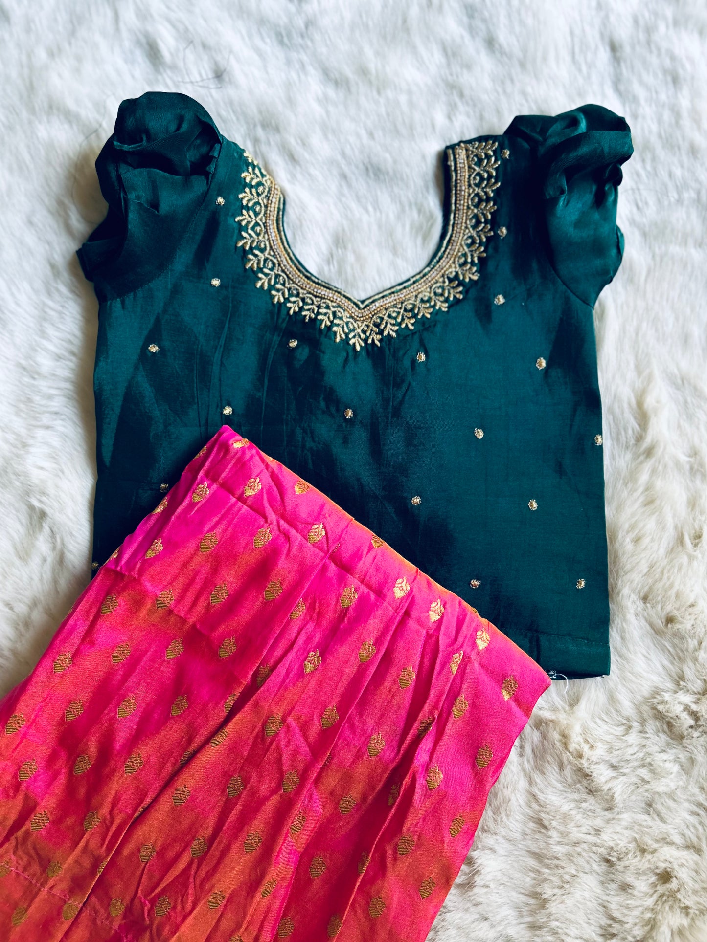 Bottle green and pink hue silk south indian ethnic wear langa blouse for baby girl