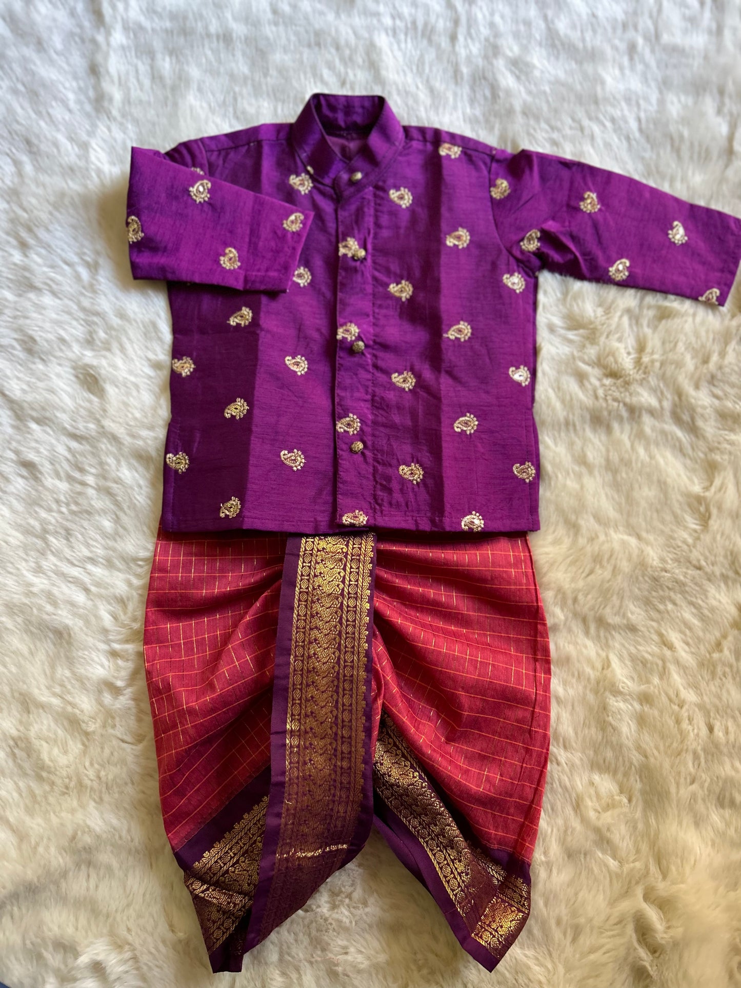 Coral Pink and wine embroidered kurta dhoti ethnic dress for baby boy