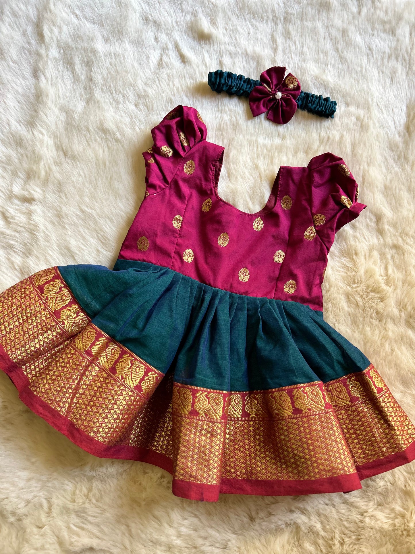 Maroon and blue vintage Silk ethnic wear for baby girl with buff sleeves