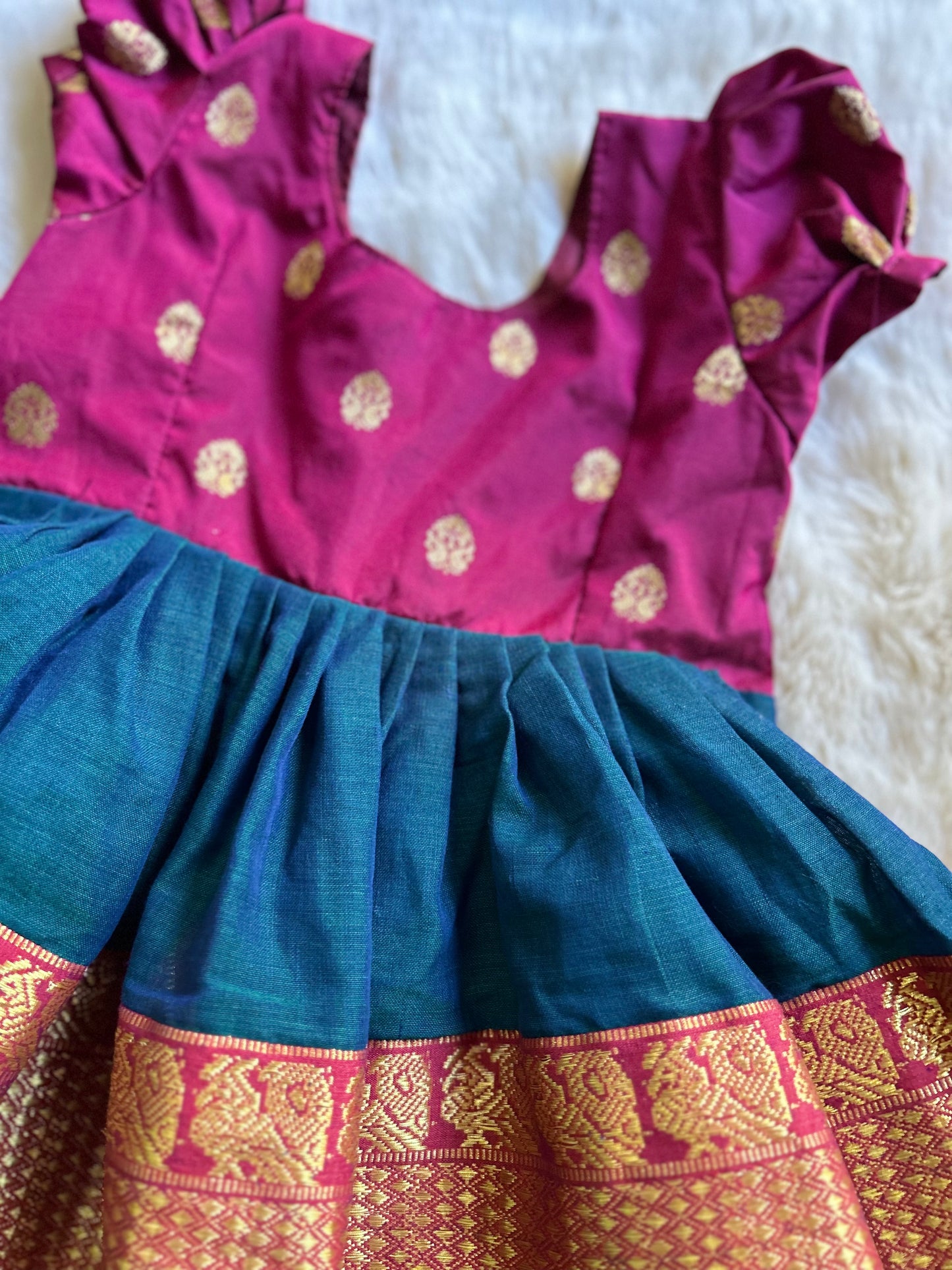 Maroon and blue vintage Silk ethnic wear for baby girl with buff sleeves