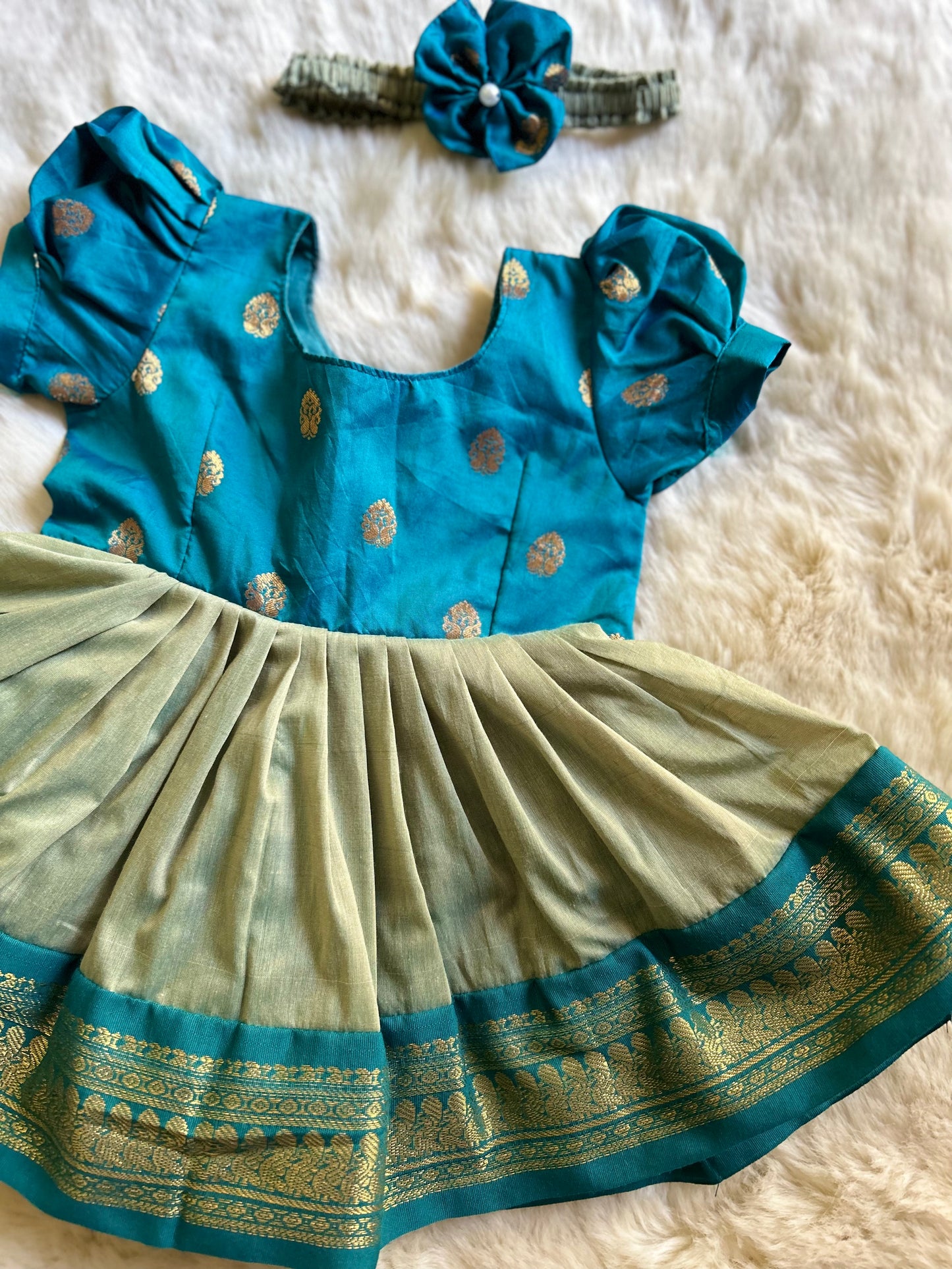Sky Blue and dual thread vintage ethnic wear for baby girl with buff sleeves