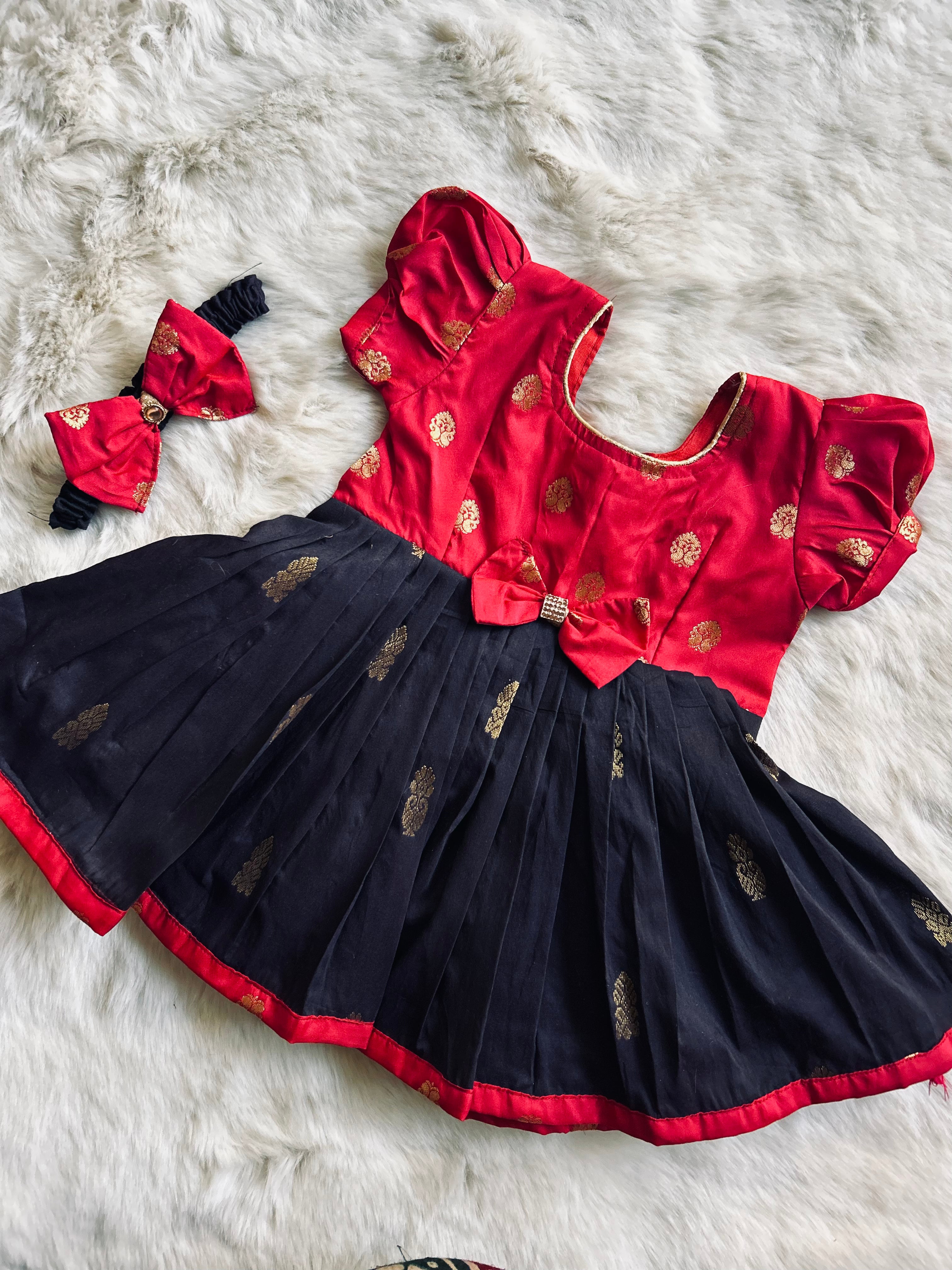 Red and Black Kanchi Cotton Silk (Small Border) Ethnic Wear for Baby