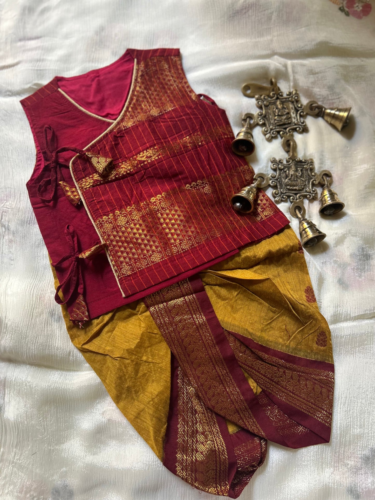 Maroon and mustard yellow - Angrakha kurta dhoti ethnic wear(Sleeveless) for baby boy
