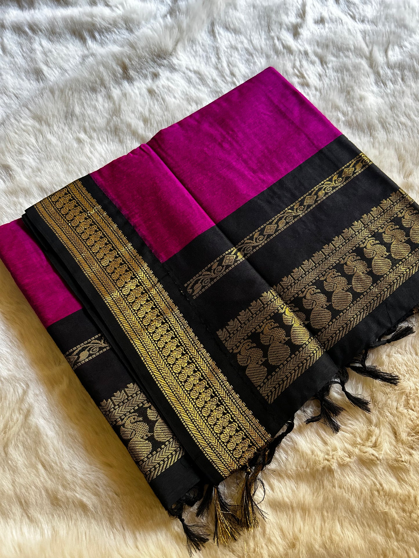 Black and Dark Pink - Premium Cotton Silk Saree with Contrast Blouse