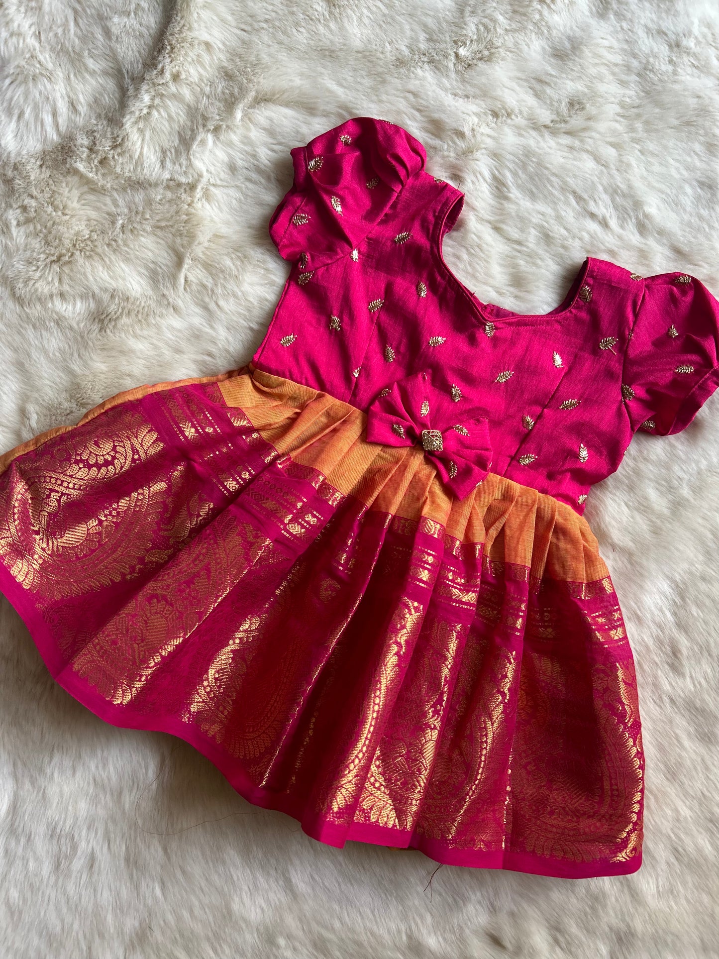 Turmeric Yellow and Pink (Big Border) - Kanchi Cotton silk Ethnic Wear Frock for Baby Girl