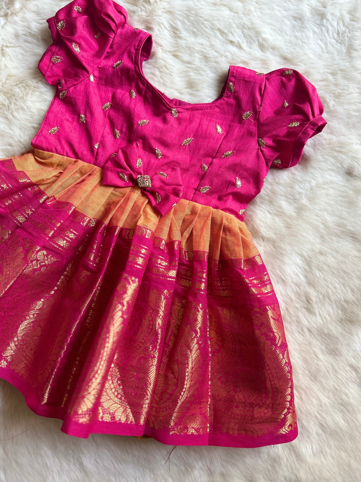 Turmeric Yellow and Pink (Big Border) - Kanchi Cotton silk Ethnic Wear Frock for Baby Girl