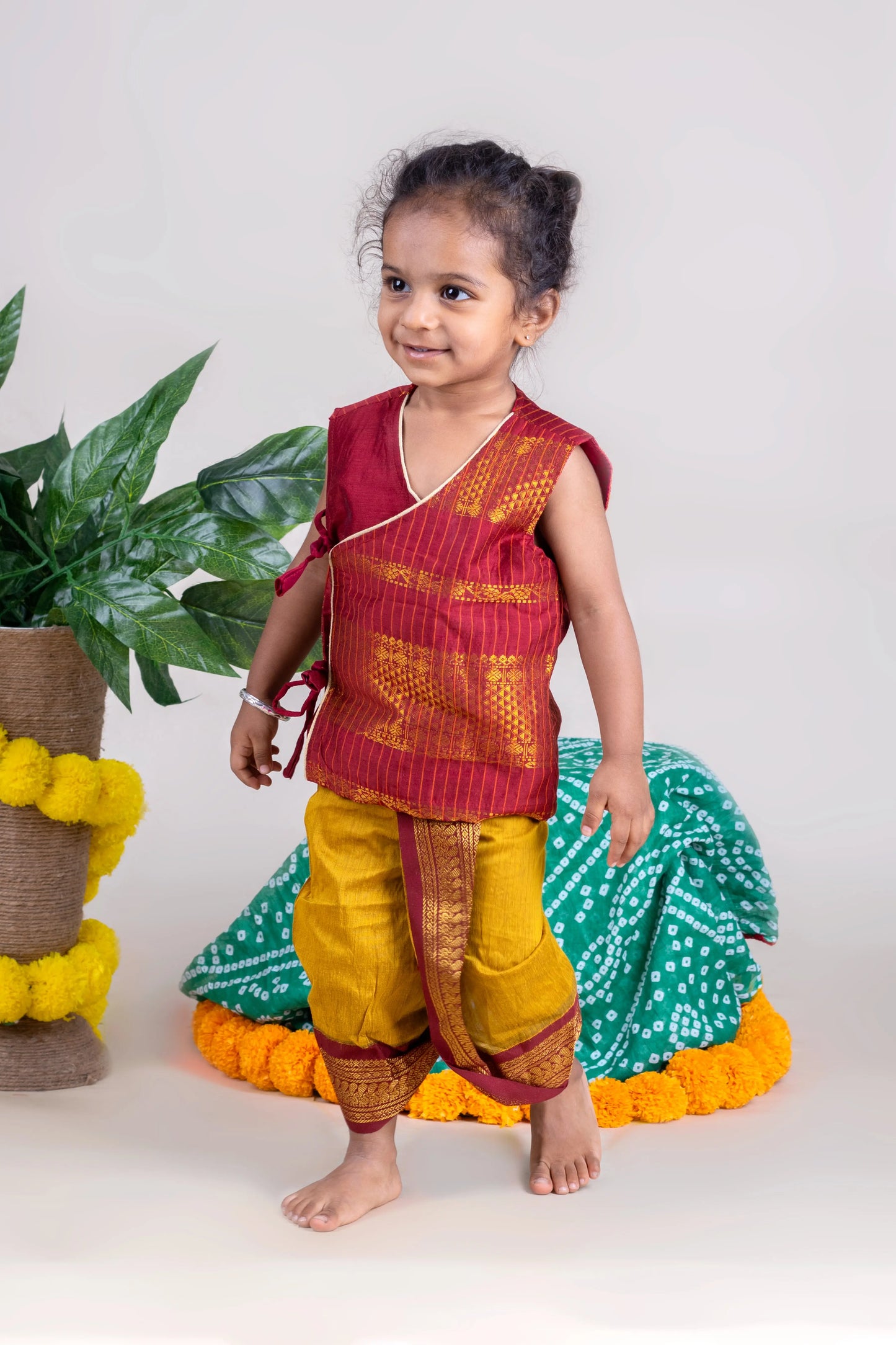 Maroon and mustard yellow - Angrakha kurta dhoti ethnic wear(Sleeveless) for baby boy