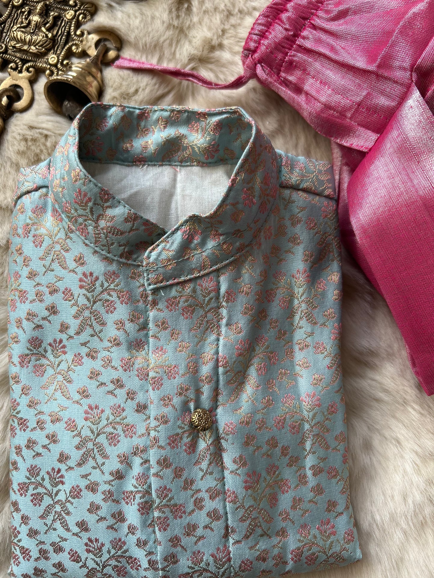 Serene light blue and blush pink banarasi silk kurta dhoti ethnic wear for baby boy