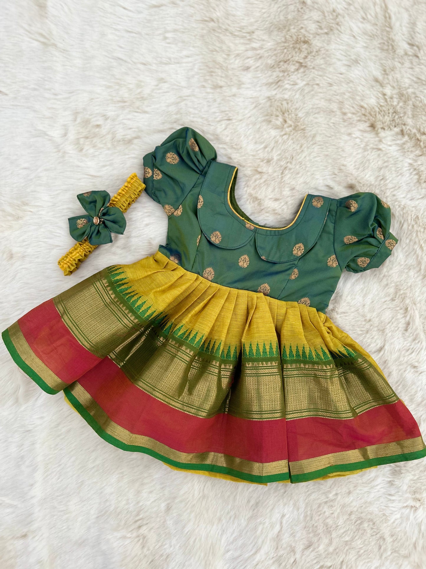 Dual Tone Green with Turmeric Yellow (Vintage Style Big Border) - Ethnic Wear Frock for Baby Girl