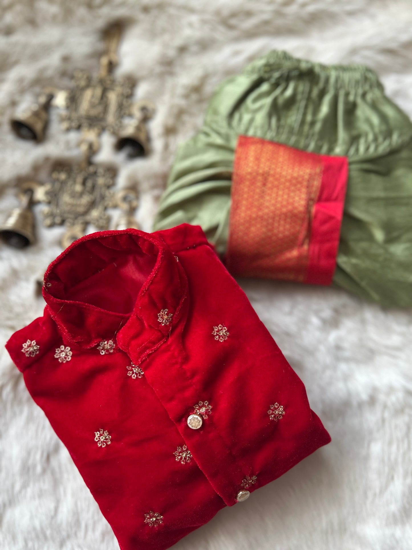 Velvet Red and saraswati color kurta dhoti ethnic wear for baby boy