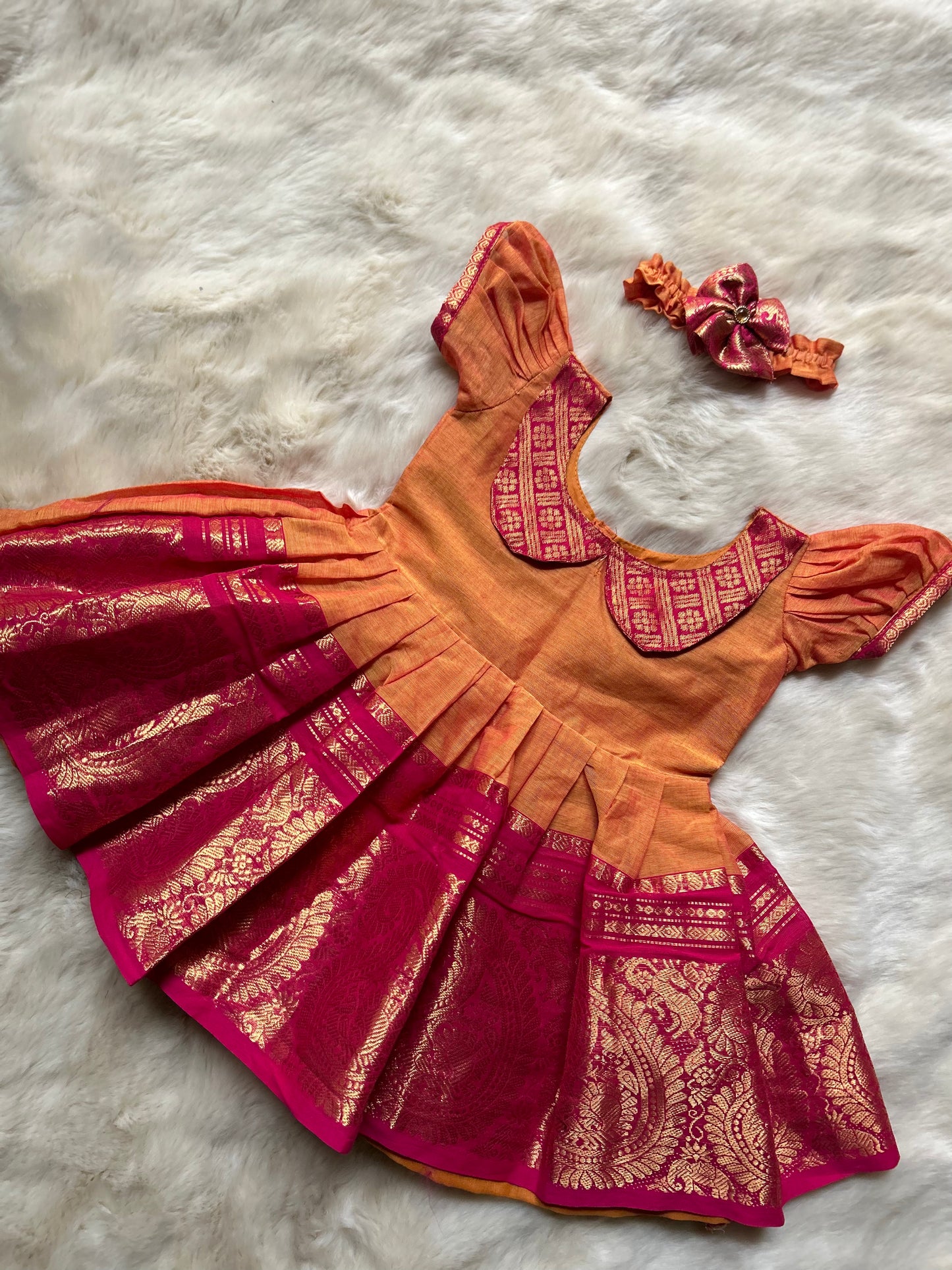 Saffron yellow and pink border (Vintage collar neck) - Ethnic Wear Frock for Baby Girl