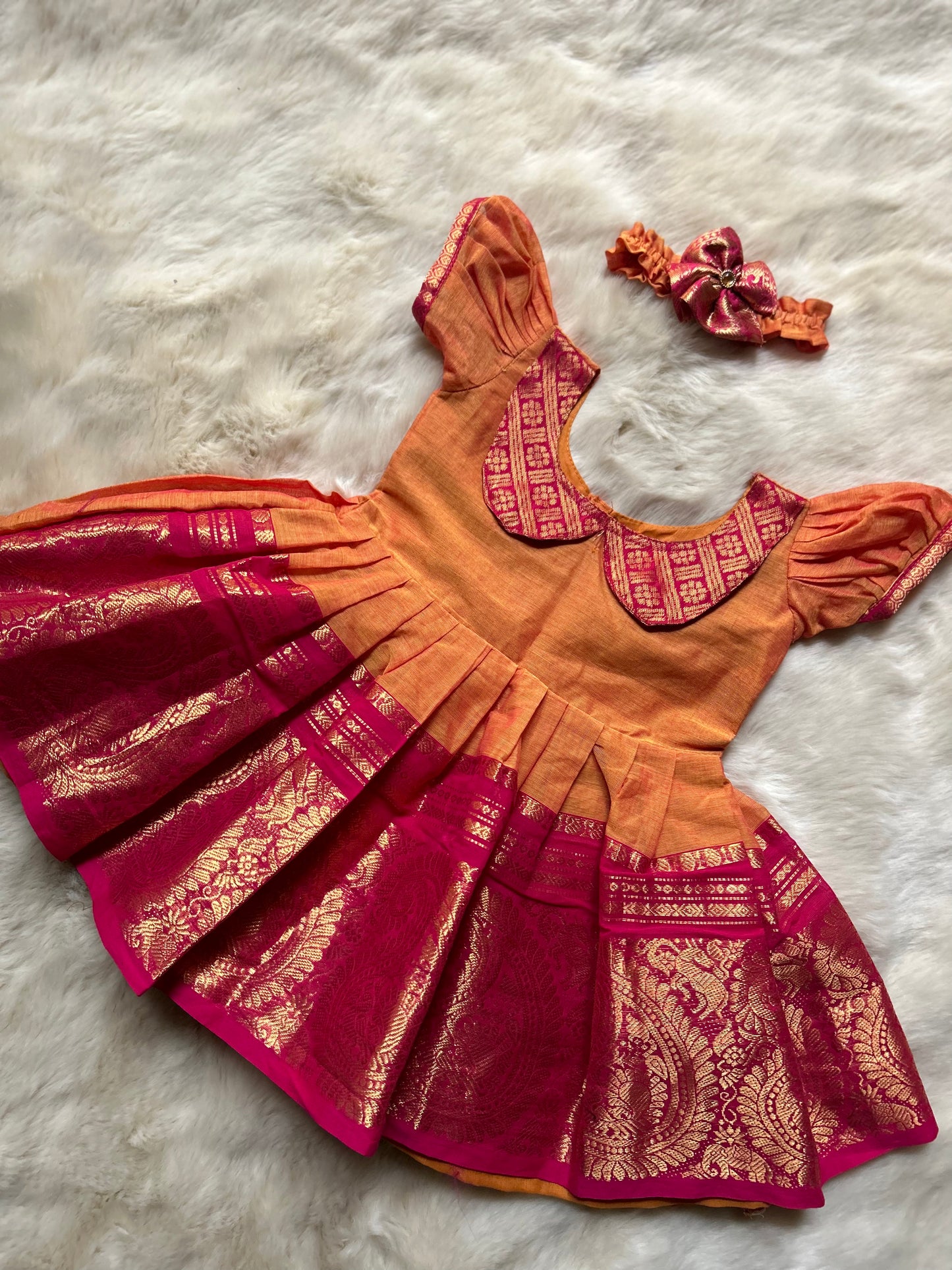 Saffron yellow and pink border (Vintage collar neck) - Ethnic Wear Frock for Baby Girl
