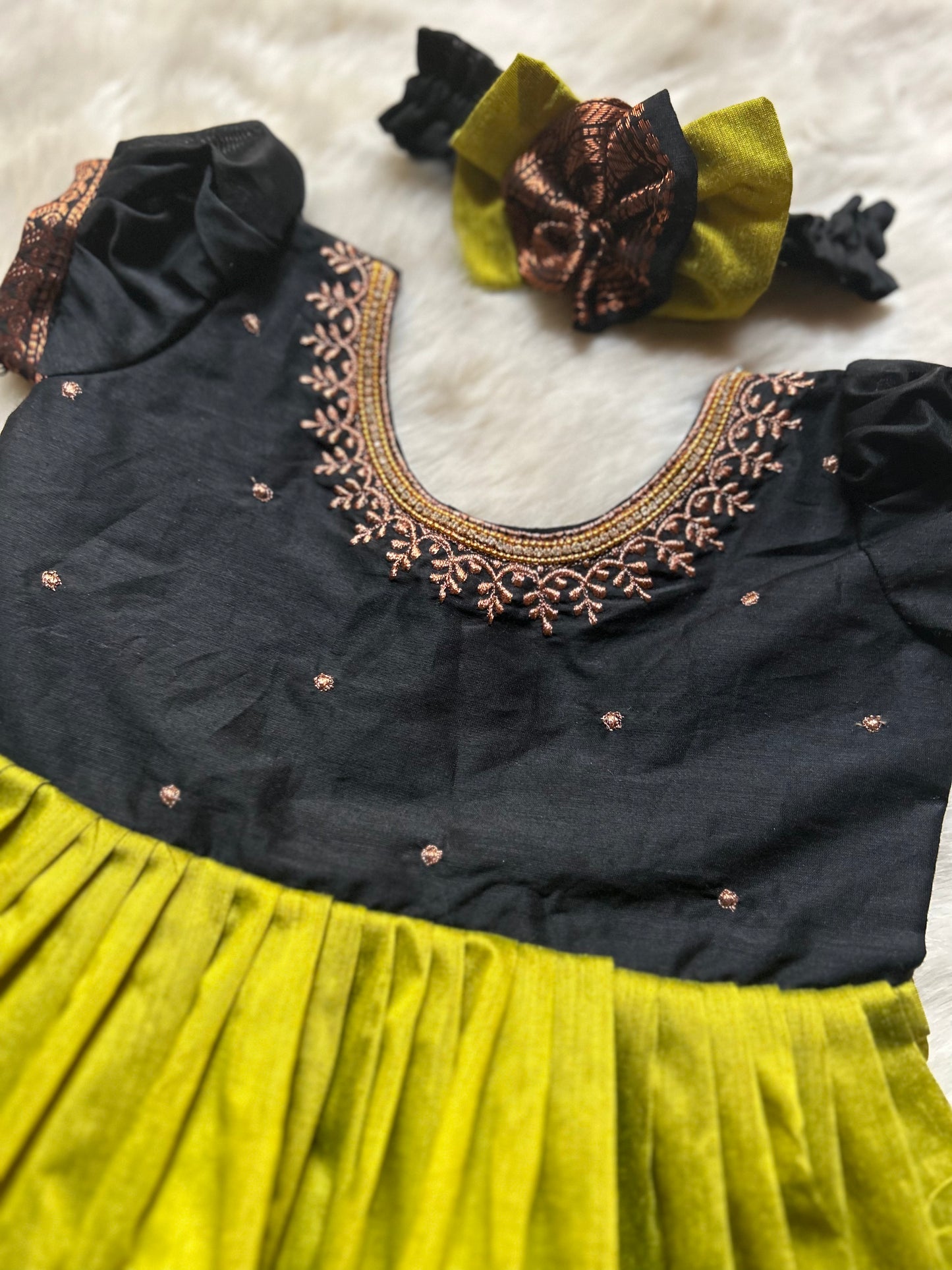 Green and Black (Embroidered Neck)- Kanchi Cotton Silk Ethnic Wear for Baby Girl