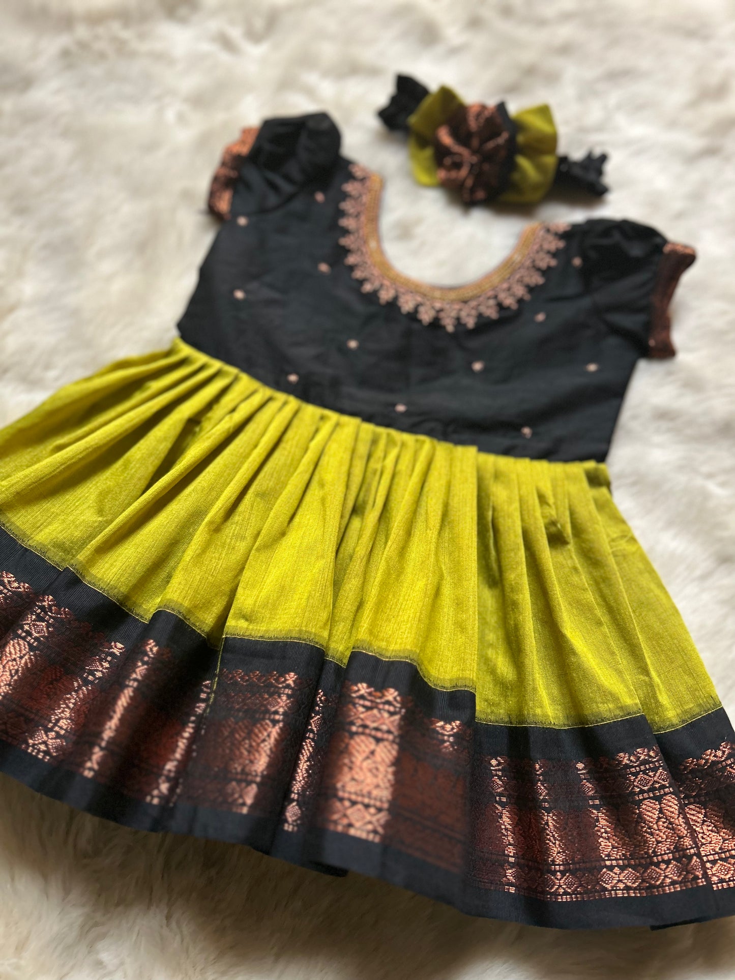 Green and Black (Embroidered Neck)- Kanchi Cotton Silk Ethnic Wear for Baby Girl