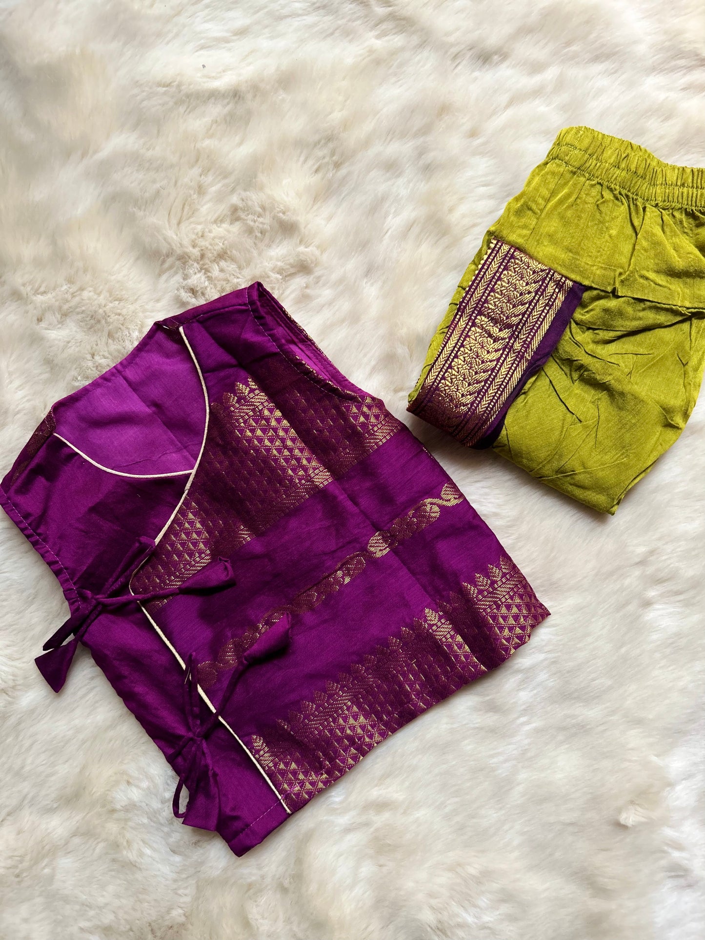 Wine & Green Angrakha Kurta Pajama for Baby Boys – Sleeveless Ethnic Wear