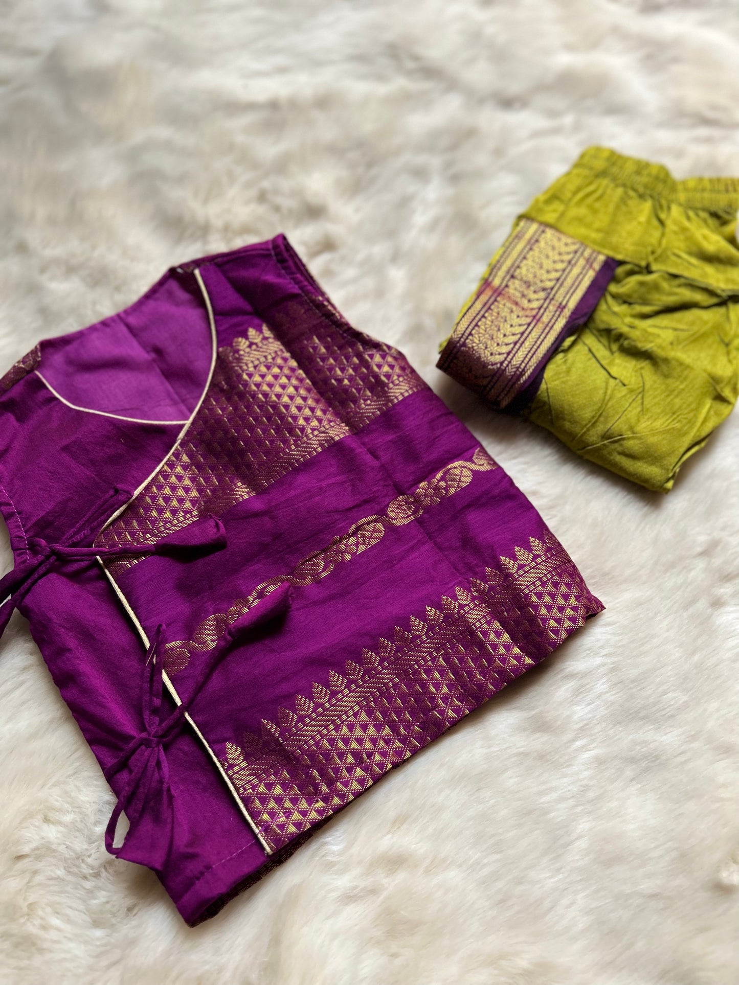Wine & Green Angrakha Kurta Pajama for Baby Boys – Sleeveless Ethnic Wear