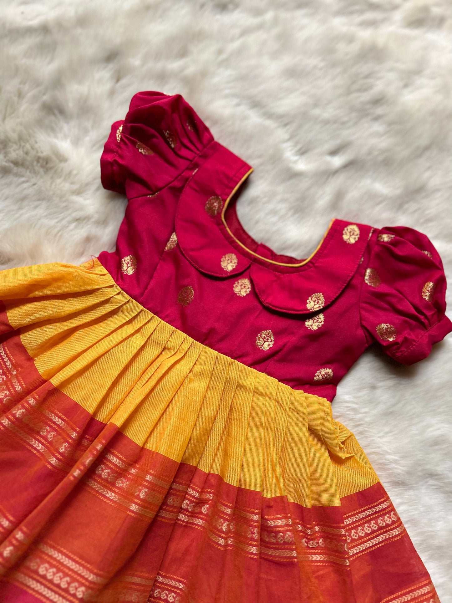 Pinkish Red and Turmeric Yellow (Vintage Collar Type) - Kanchi Cotton Silk Ethnic Wear for Baby Girl